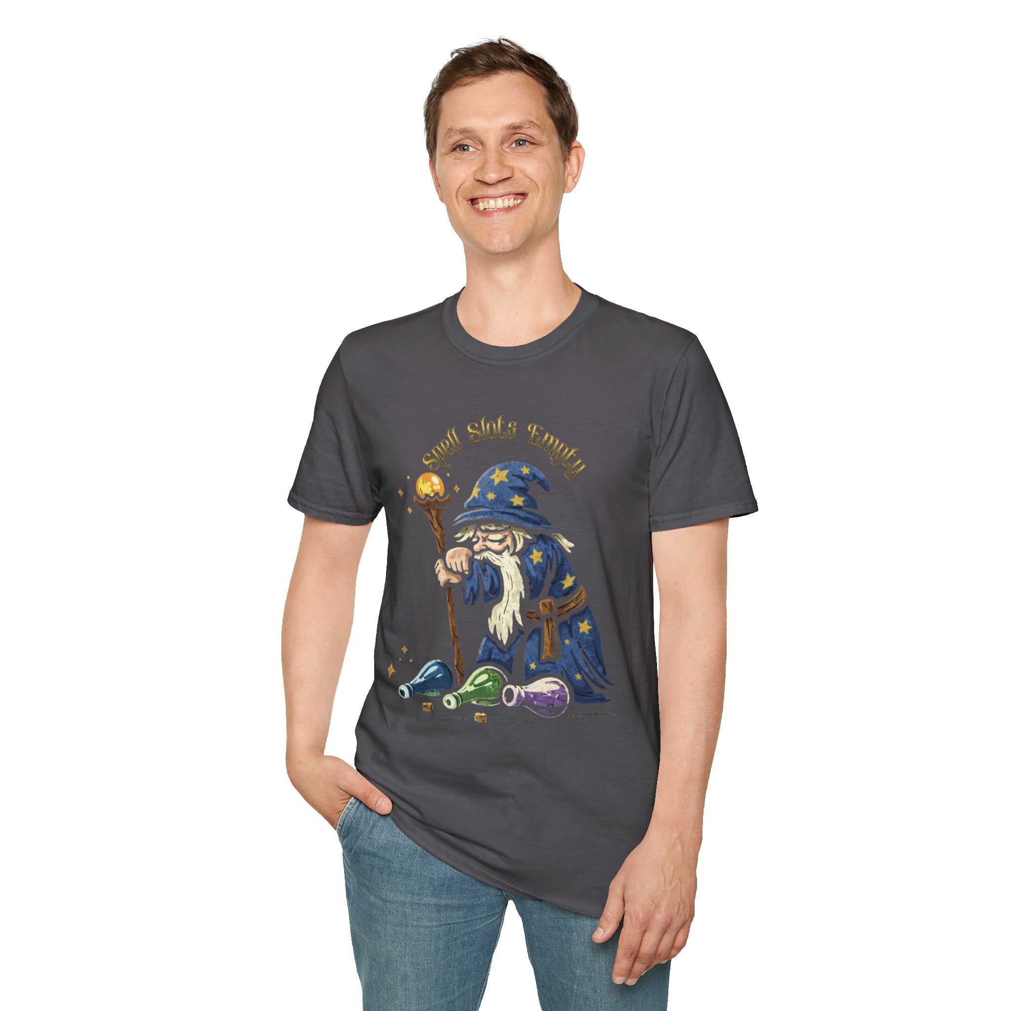 Sad Wizard Illustration T-Shirt | Cute Wizard With Staff, Stars & Potions
