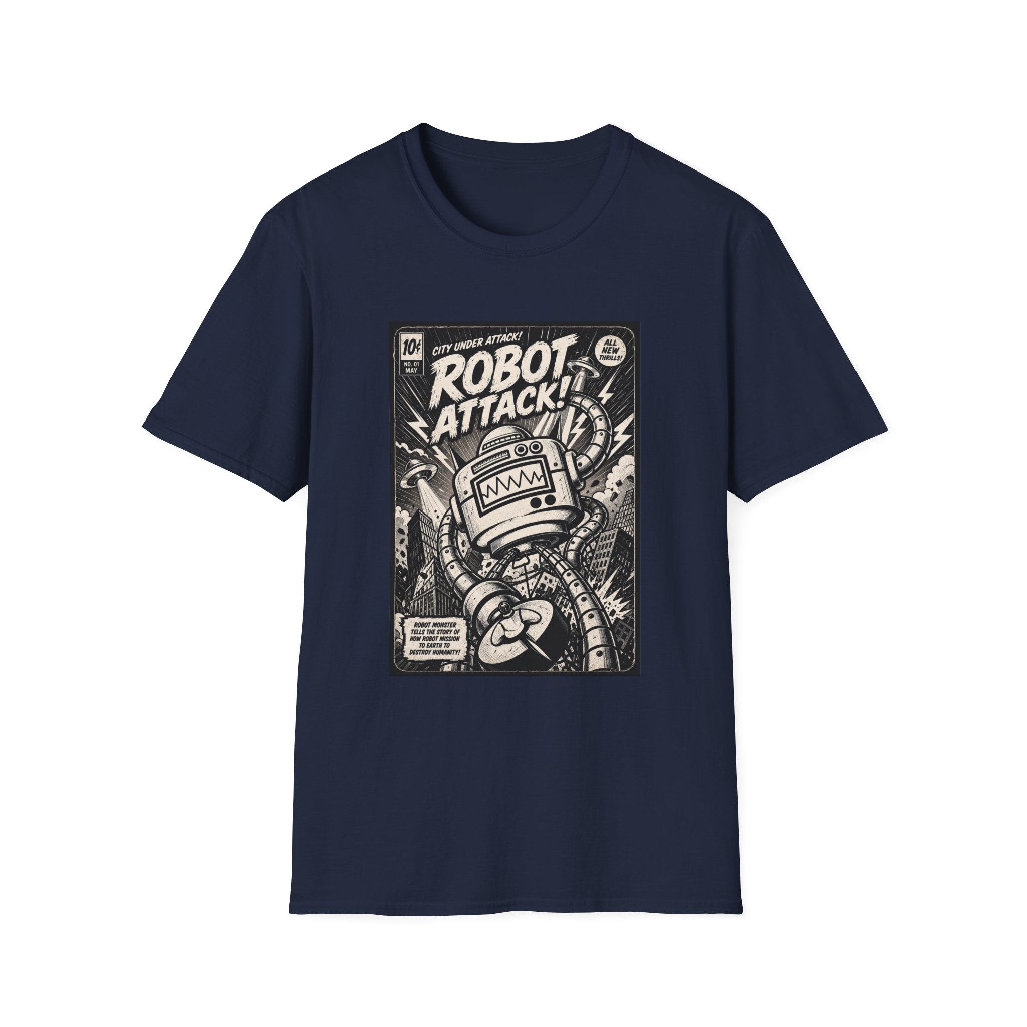 Robot Attack comic cover T-Shirt | Retro Sci-Fi Robot Tee
