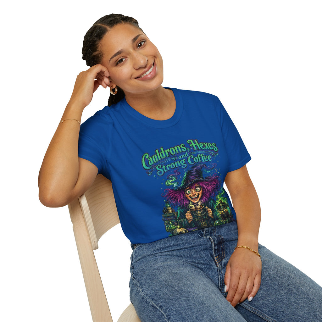 Witch Coffee T-Shirt  "Cauldrons, Hexes and Strong Coffee" Halloween Tee