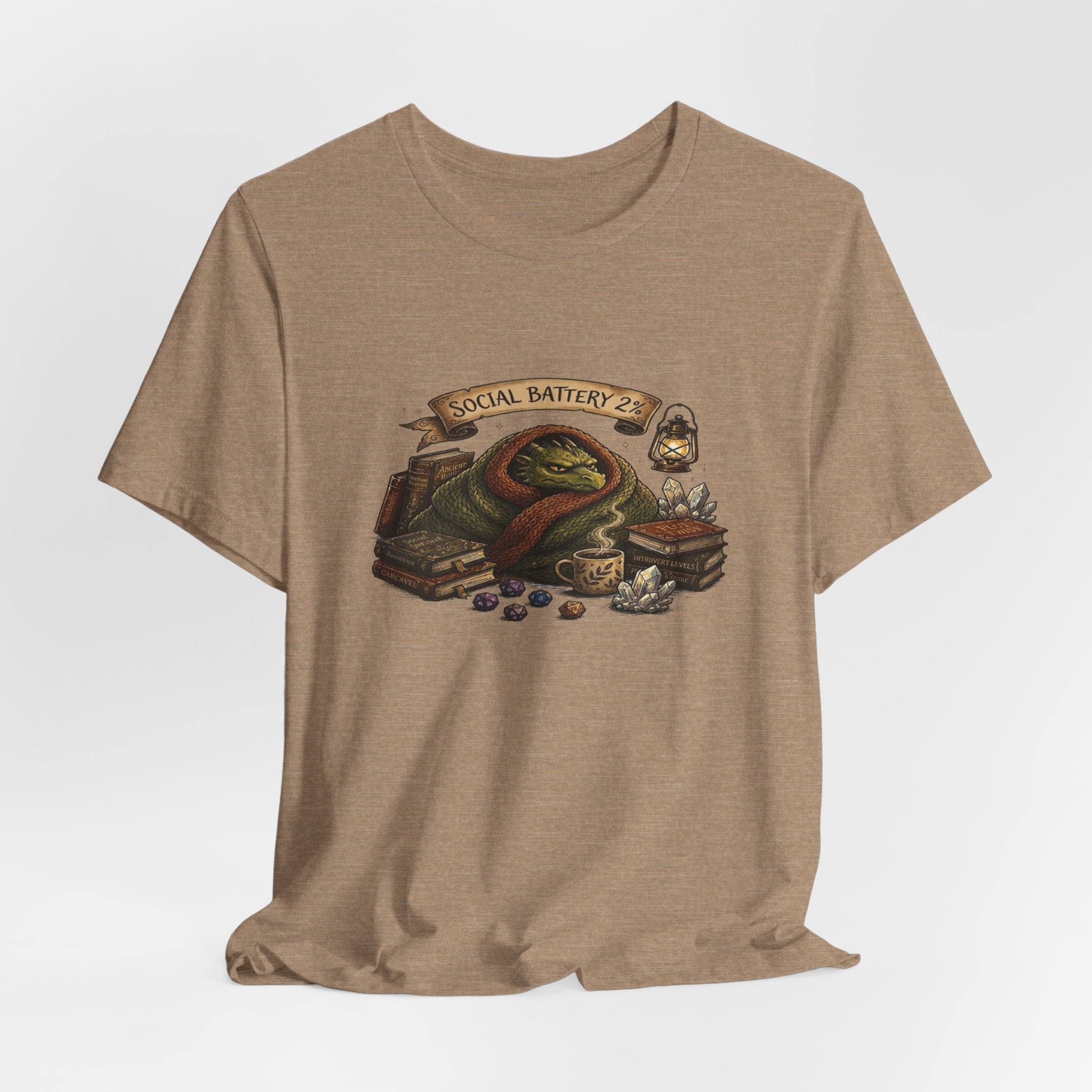 Social Battery Low dragon illustration T-Shirt | cozy book stack