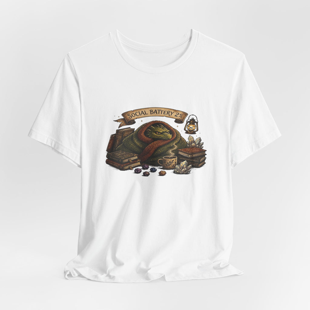 Social Battery Low dragon illustration T-Shirt | cozy book stack