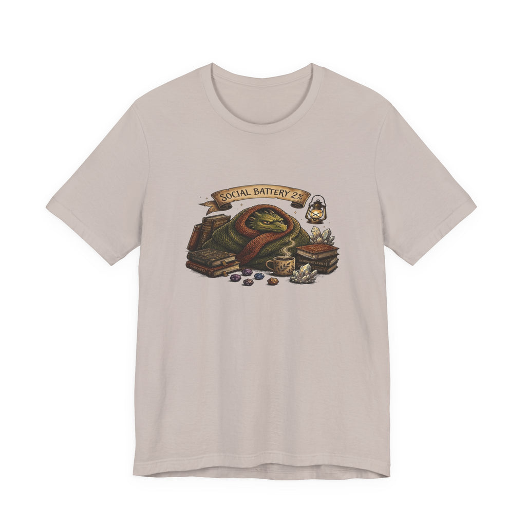 Social Battery Low dragon illustration T-Shirt | cozy book stack