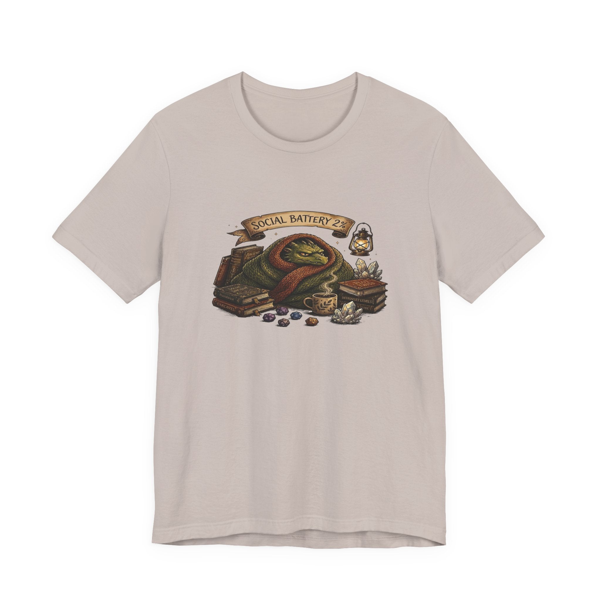 Social Battery Low dragon illustration T-Shirt | cozy book stack