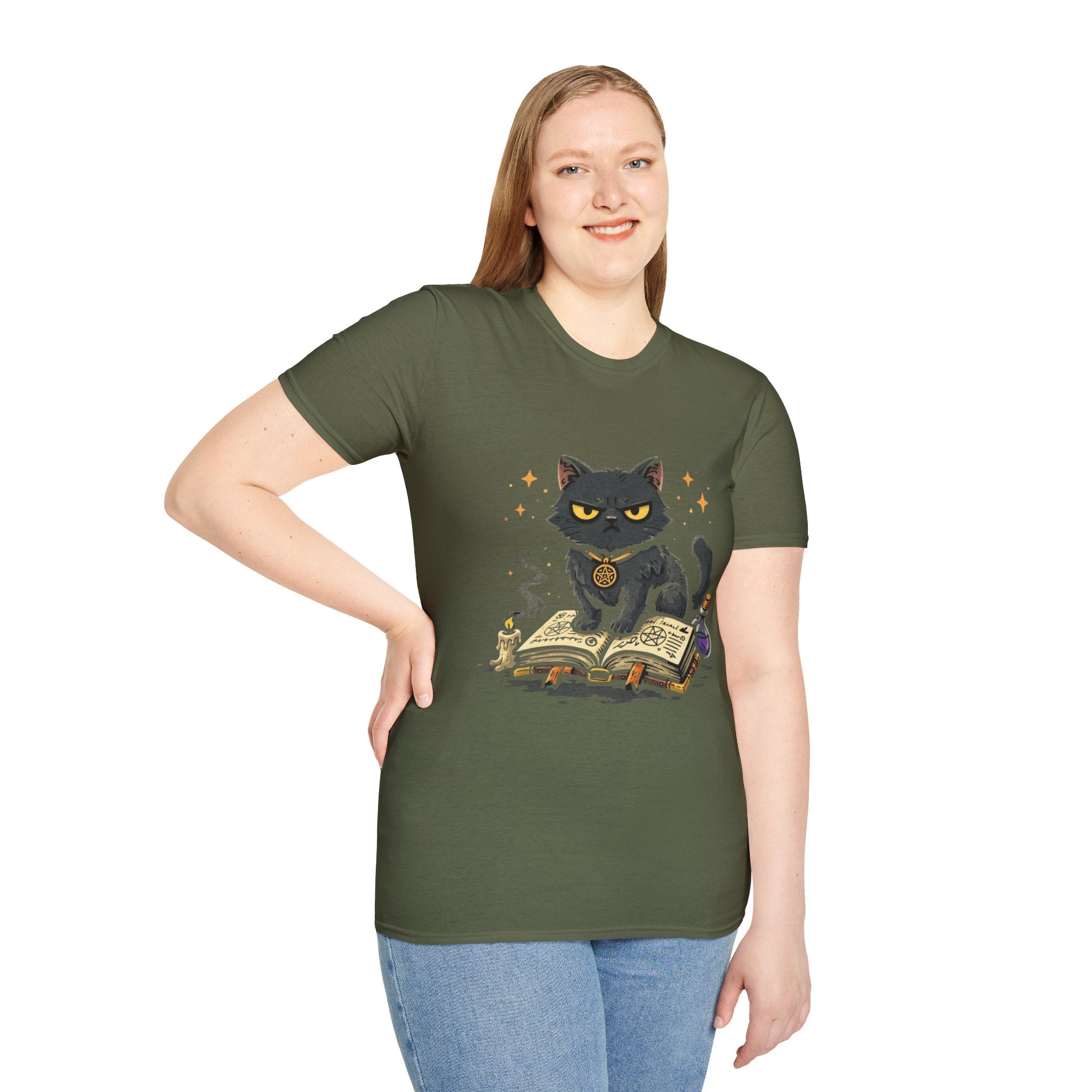 Grumpy Black Witch Cat T-Shirt | Occult Spellbook Magic Cat Shirt