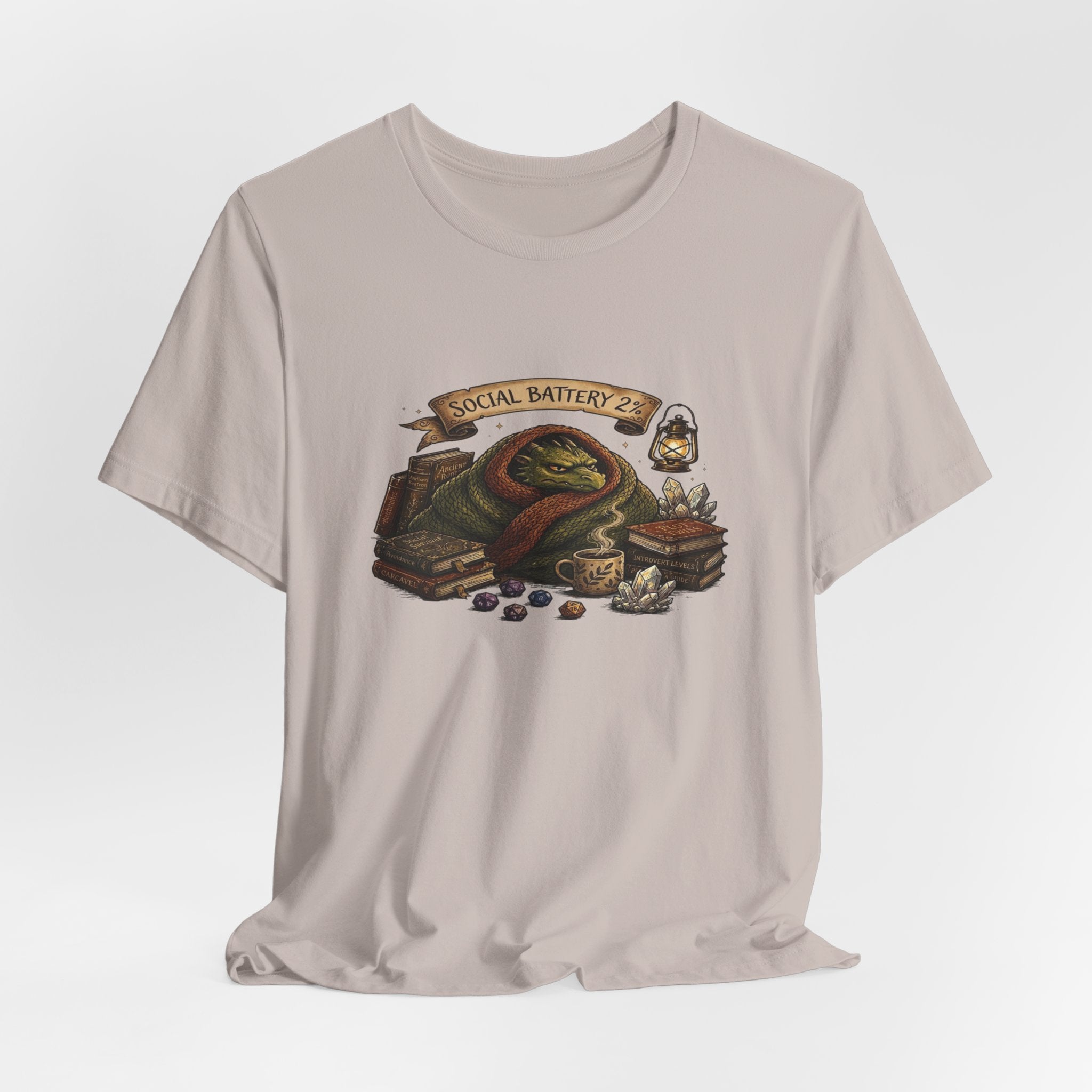 Social Battery Low dragon illustration T-Shirt | cozy book stack
