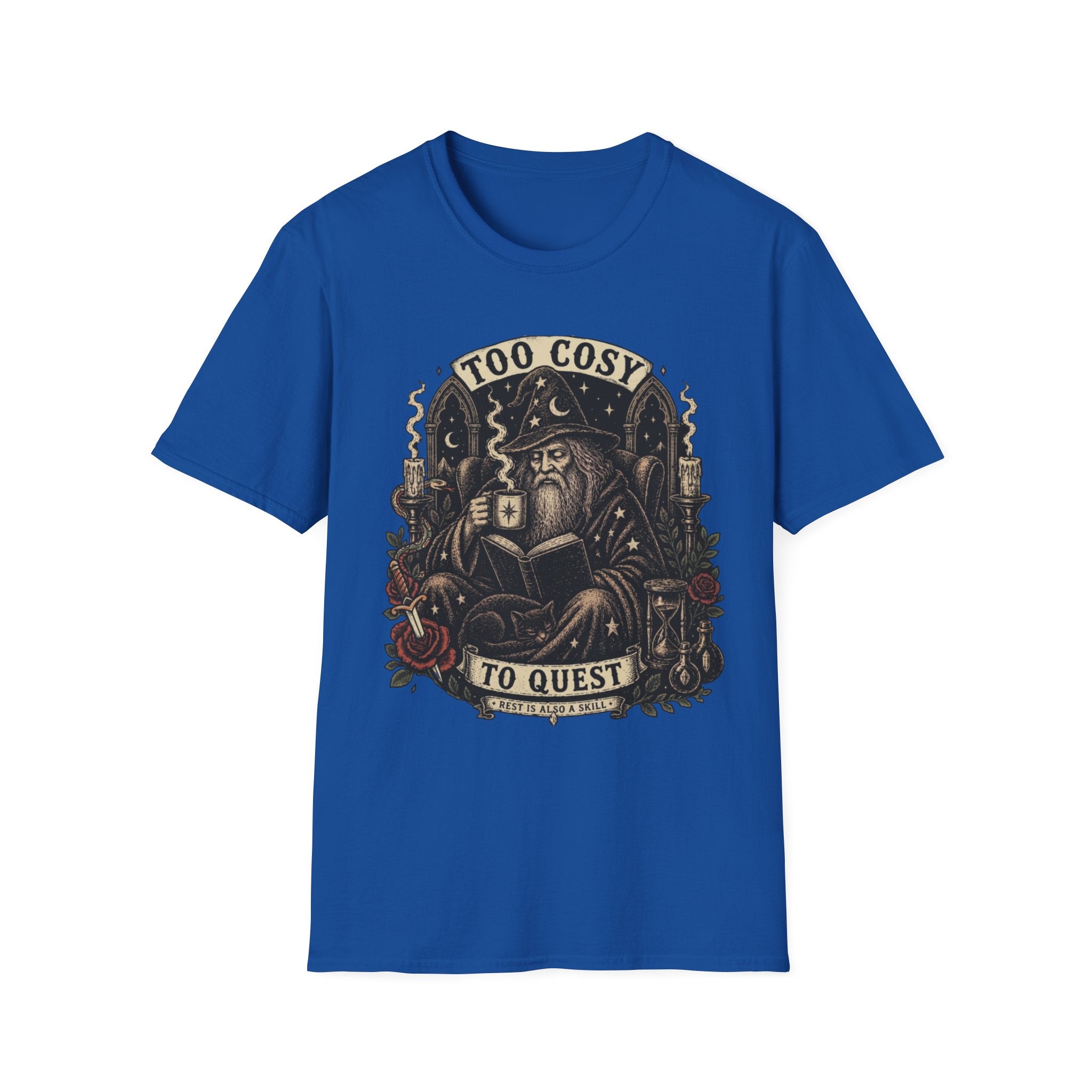 Too Cosy Wizard Illustration T-Shirt | Fantasy Mage Coffee Design