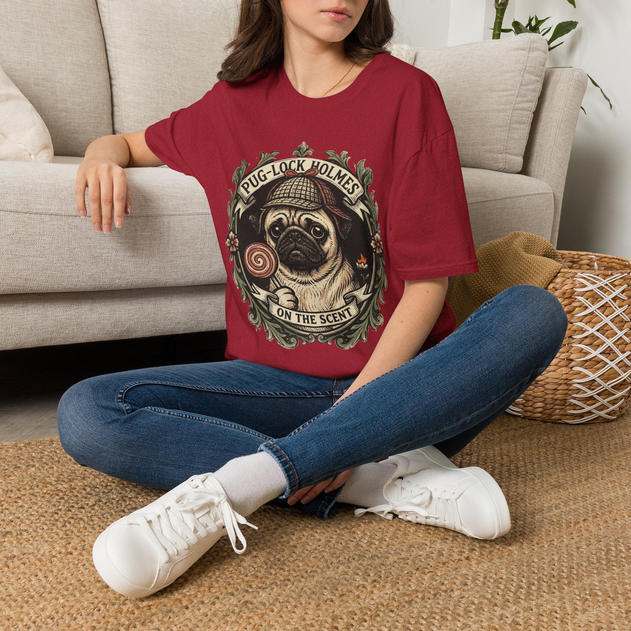 Pug-Lock Holmes Illustration T-Shirt | Pug Detective Vintage Badge