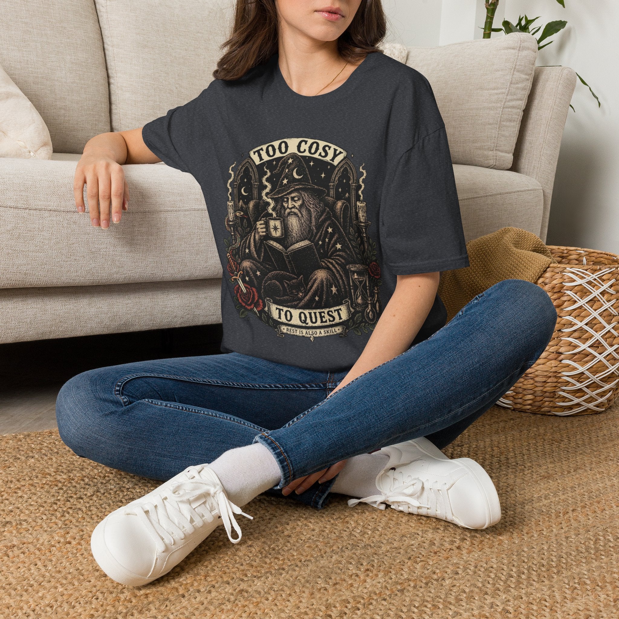 Too Cosy Wizard Illustration T-Shirt | Fantasy Mage Coffee Design