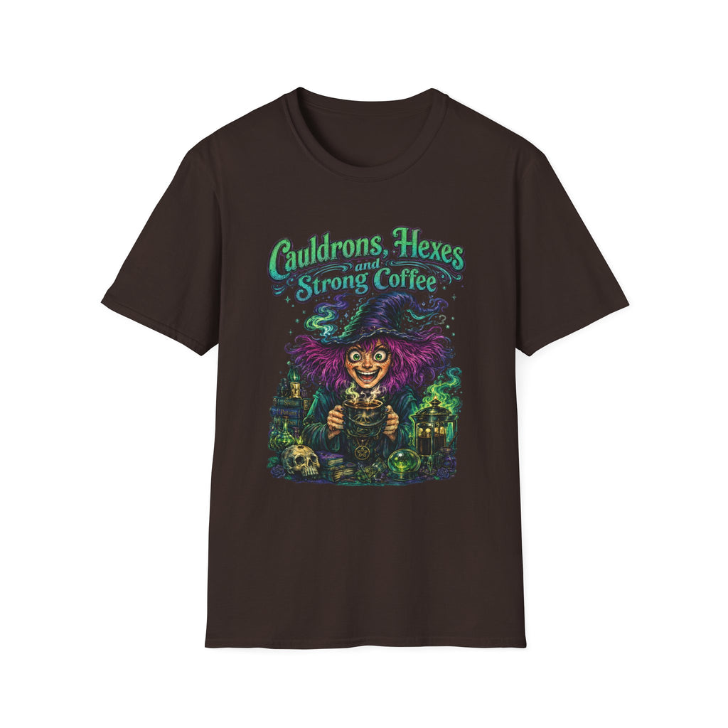 Witch Coffee T-Shirt  "Cauldrons, Hexes and Strong Coffee" Halloween Tee