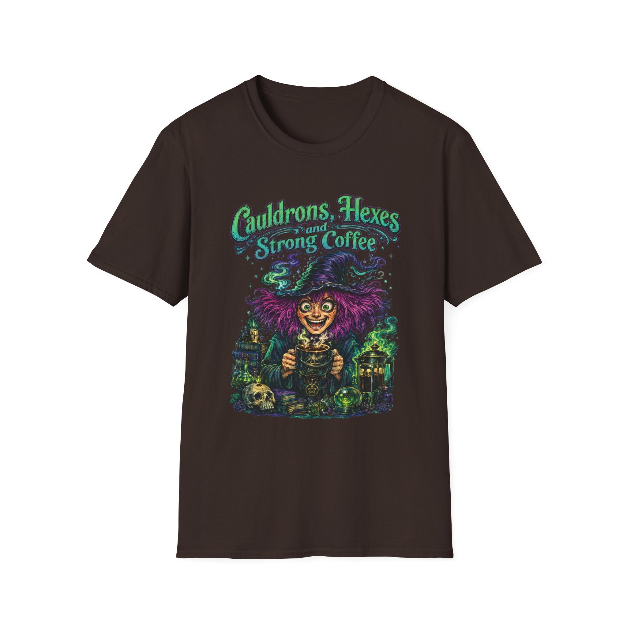 Witch Coffee T-Shirt  "Cauldrons, Hexes and Strong Coffee" Halloween Tee