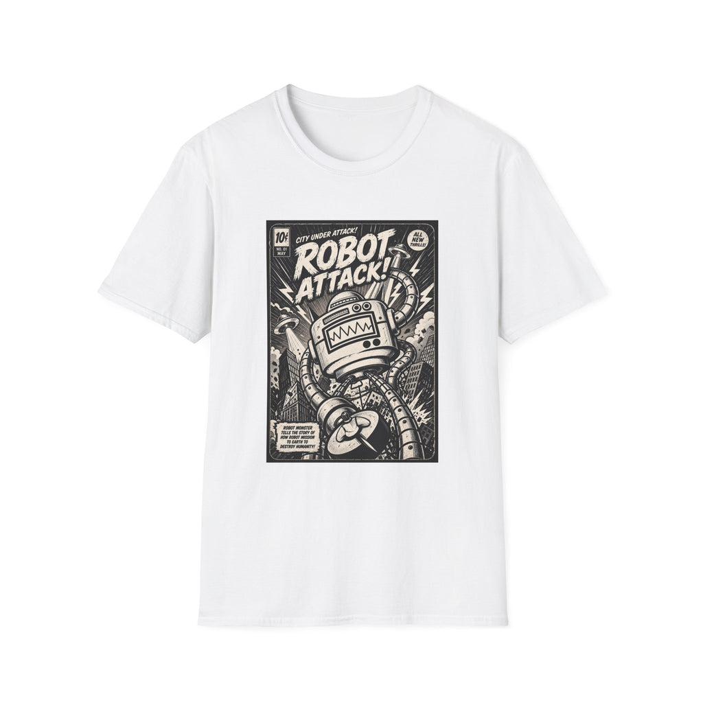 Robot Attack comic cover T-Shirt | Retro Sci-Fi Robot Tee