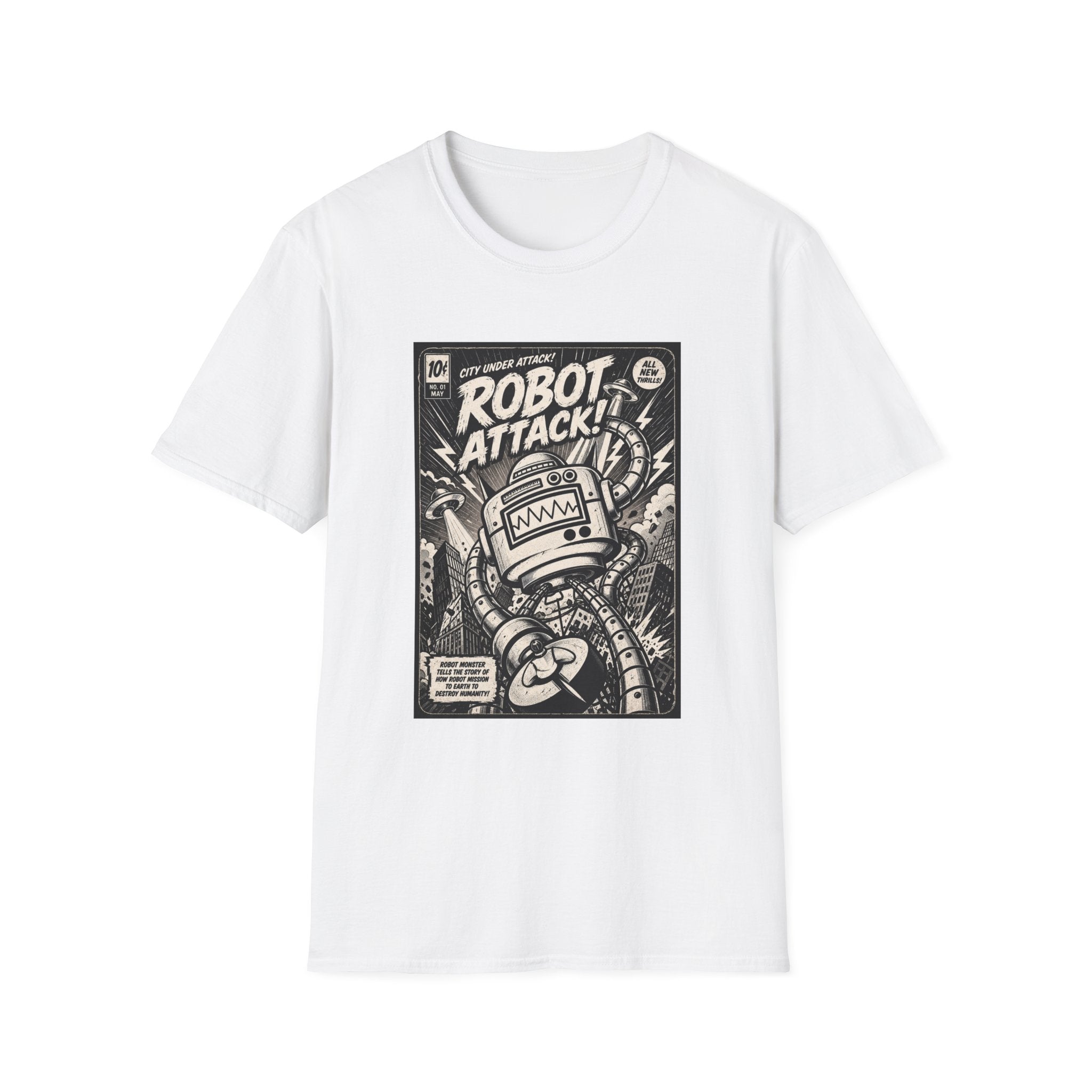 Robot Attack comic cover T-Shirt | Retro Sci-Fi Robot Tee