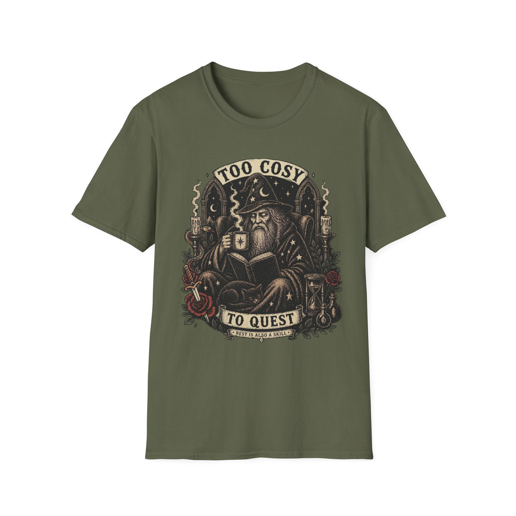Too Cosy Wizard Illustration T-Shirt | Fantasy Mage Coffee Design
