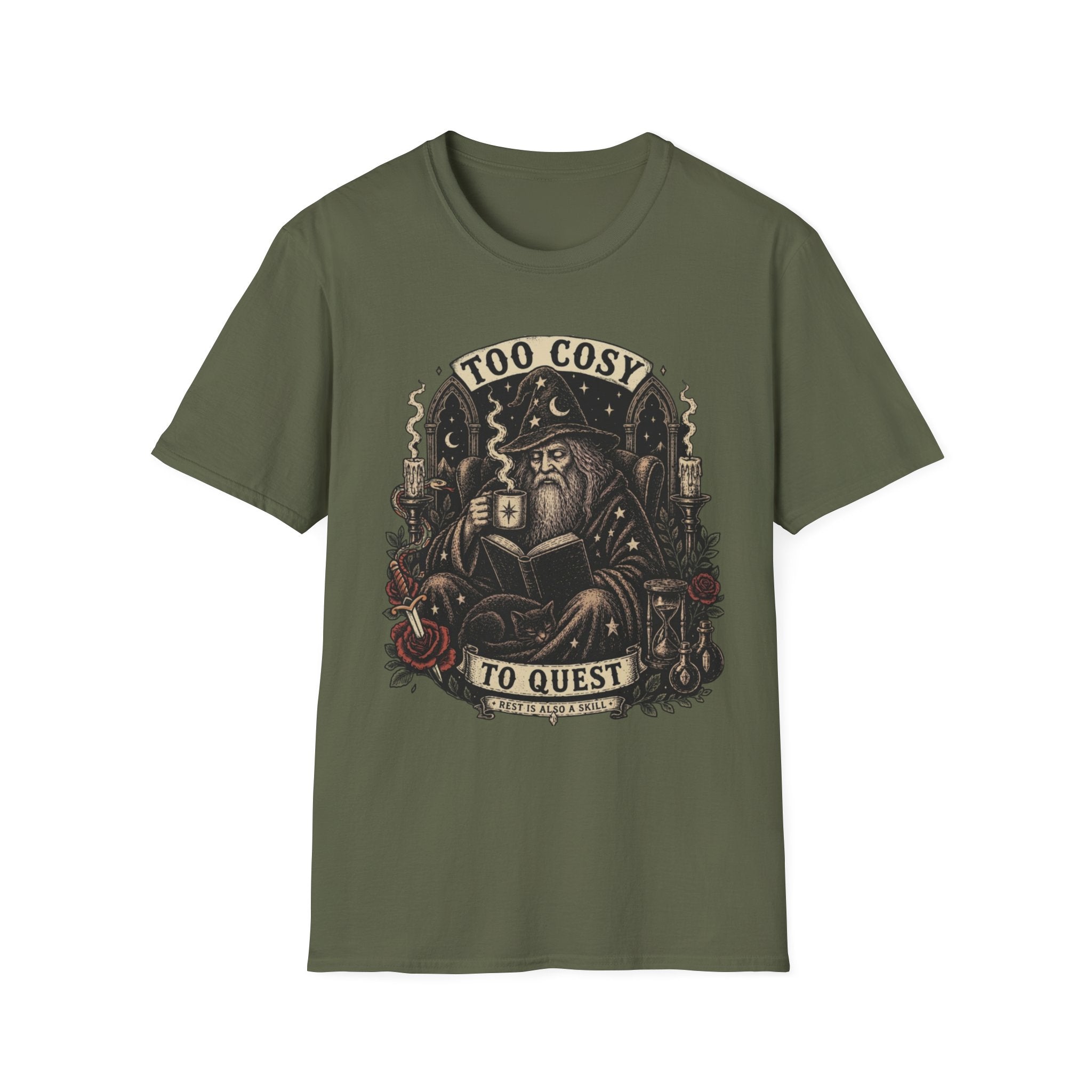 Too Cosy Wizard Illustration T-Shirt | Fantasy Mage Coffee Design