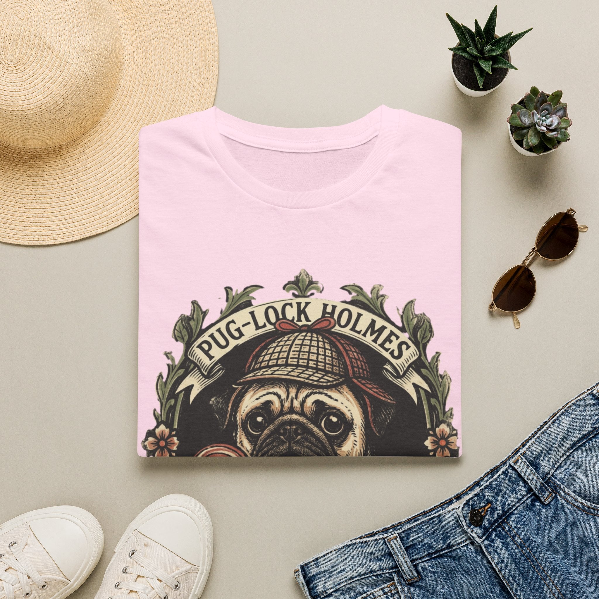 Pug-Lock Holmes Illustration T-Shirt | Pug Detective Vintage Badge