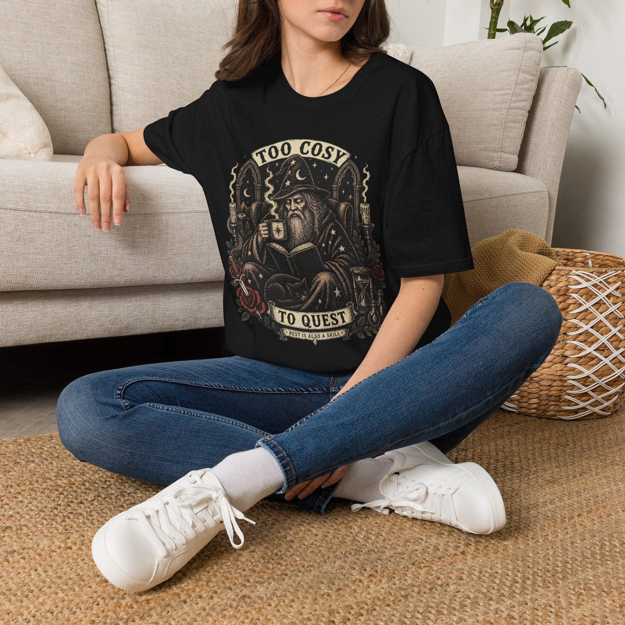 Too Cosy Wizard Illustration T-Shirt | Fantasy Mage Coffee Design