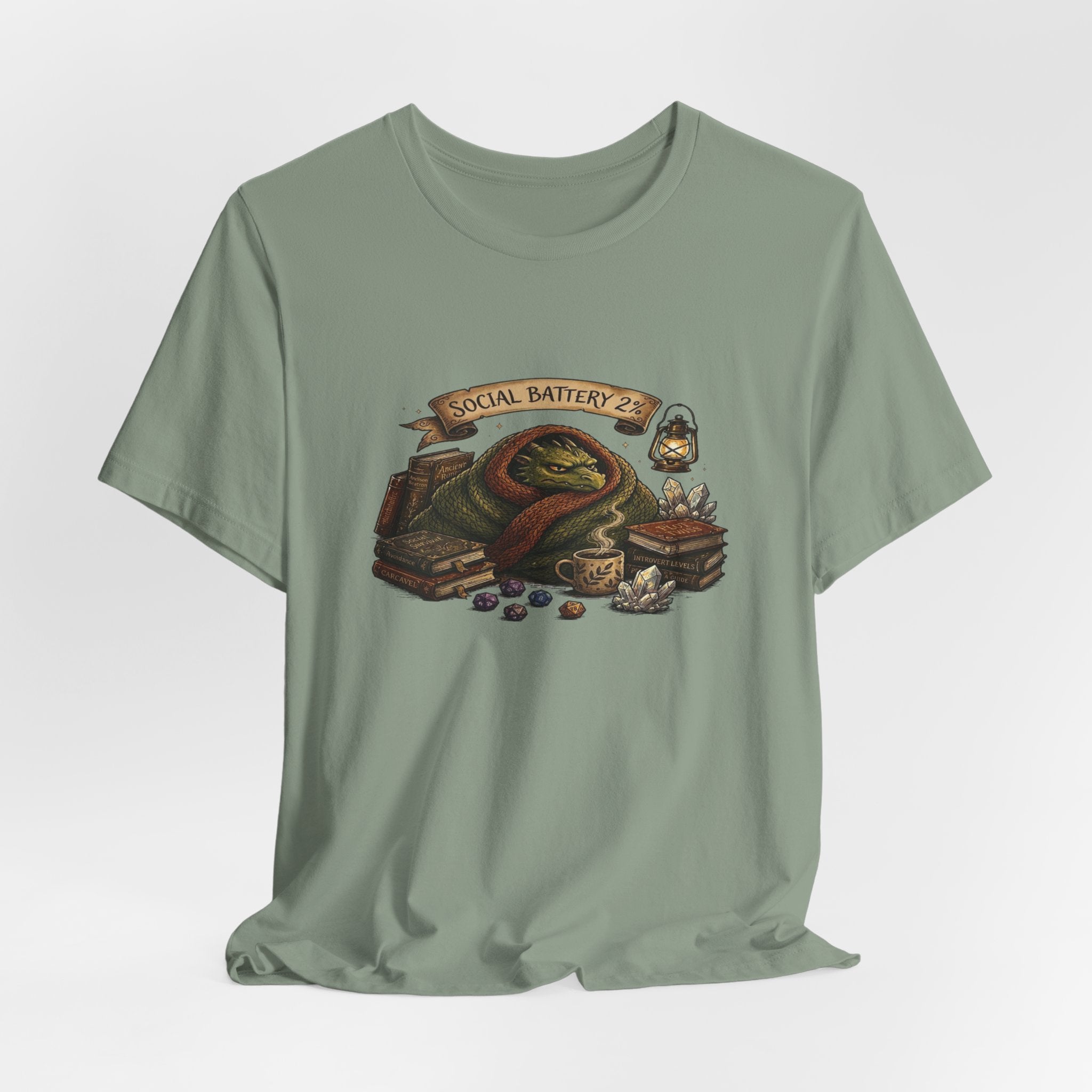 Social Battery Low dragon illustration T-Shirt | cozy book stack