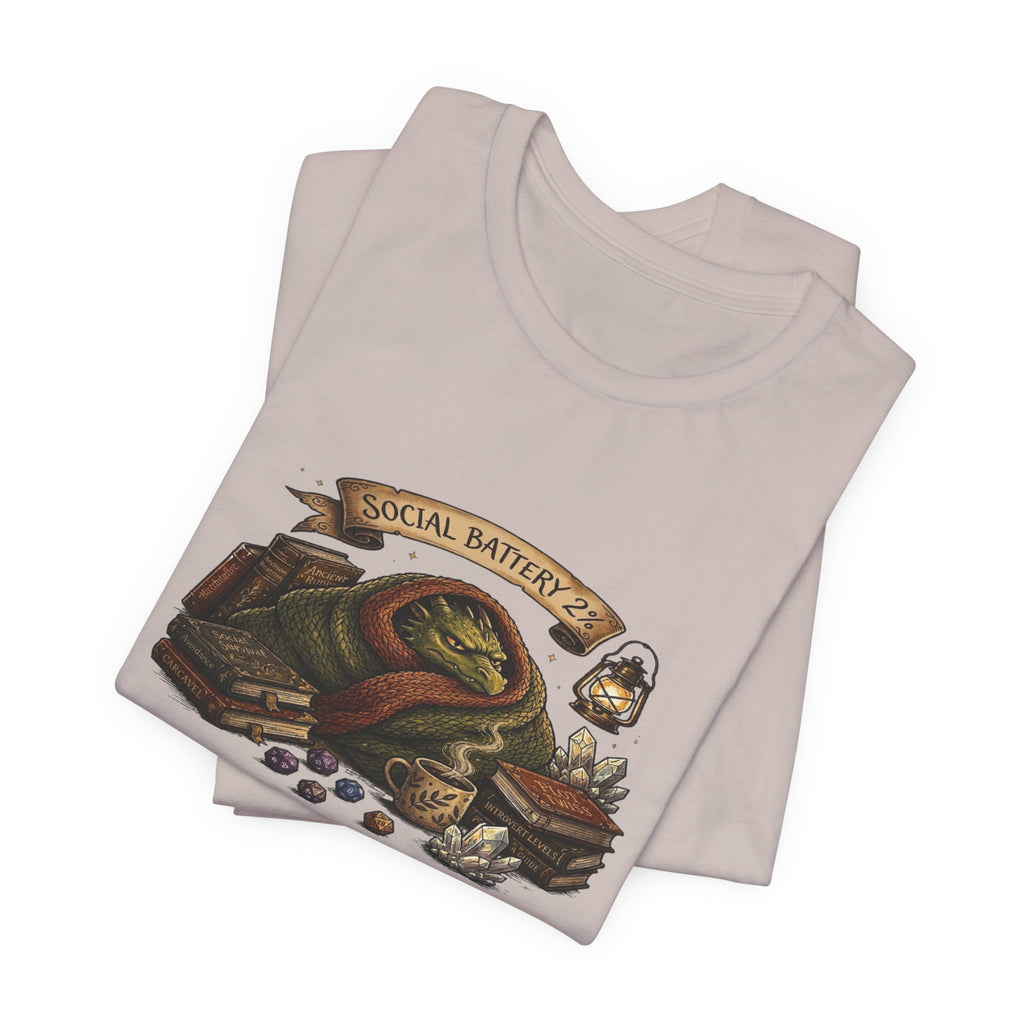 Social Battery Low dragon illustration T-Shirt | cozy book stack