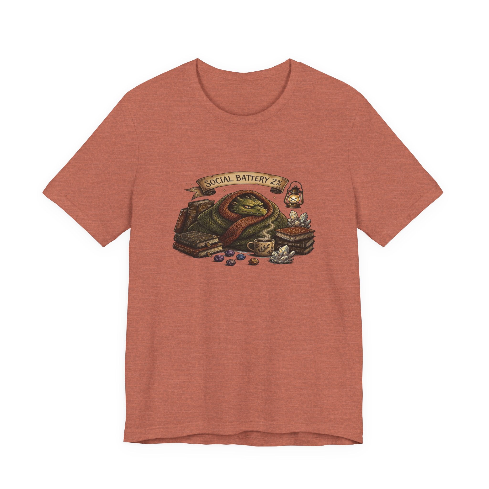 Social Battery Low dragon illustration T-Shirt | cozy book stack