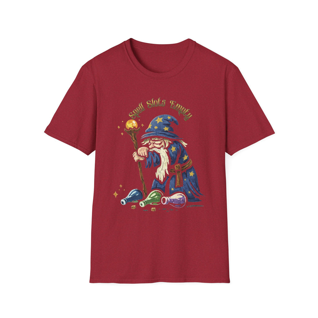 Sad Wizard Illustration T-Shirt | Cute Wizard With Staff, Stars & Potions