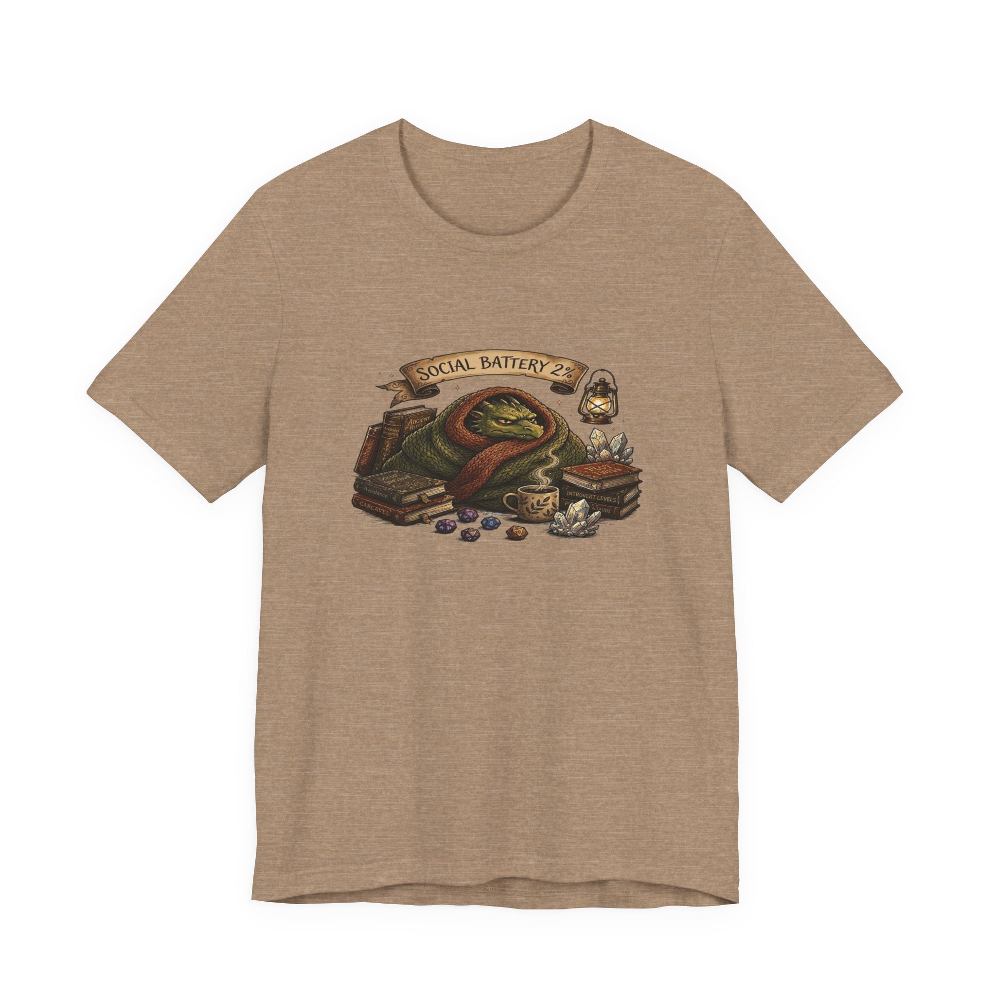 Social Battery Low dragon illustration T-Shirt | cozy book stack