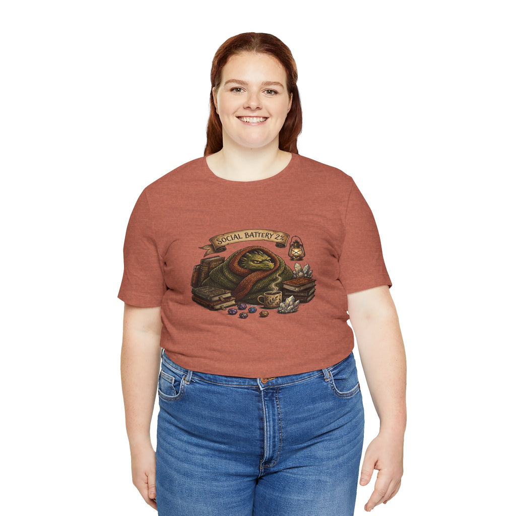 Social Battery Low dragon illustration T-Shirt | cozy book stack