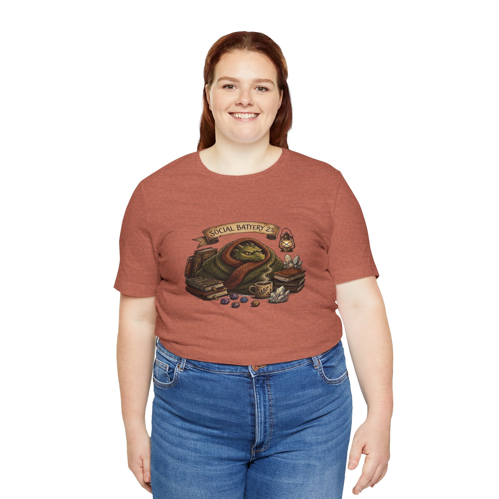 Social Battery Low dragon illustration T-Shirt | cozy book stack