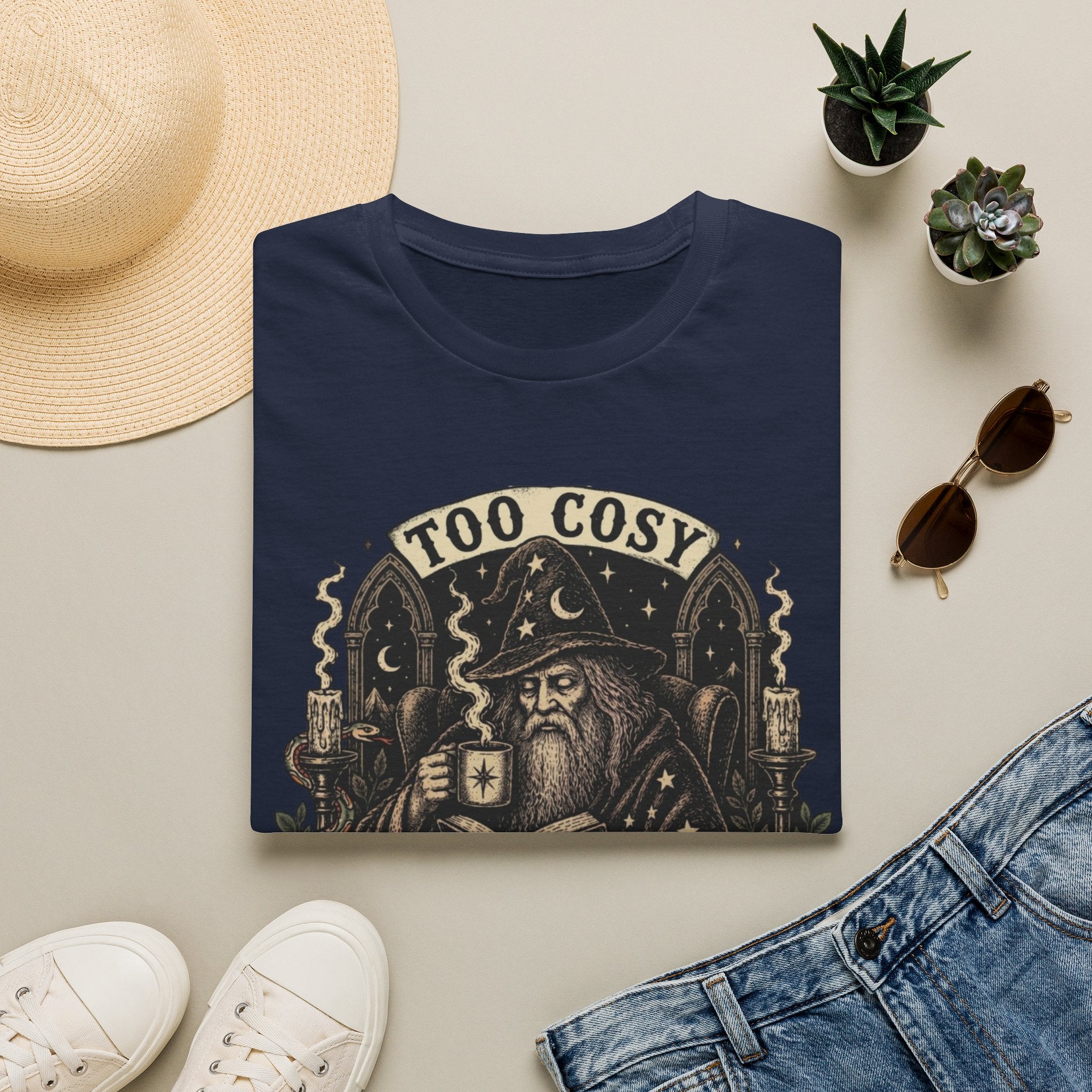 Too Cosy Wizard Illustration T-Shirt | Fantasy Mage Coffee Design