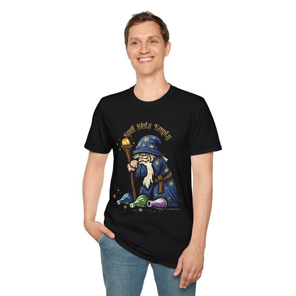 Sad Wizard Illustration T-Shirt | Cute Wizard With Staff, Stars & Potions