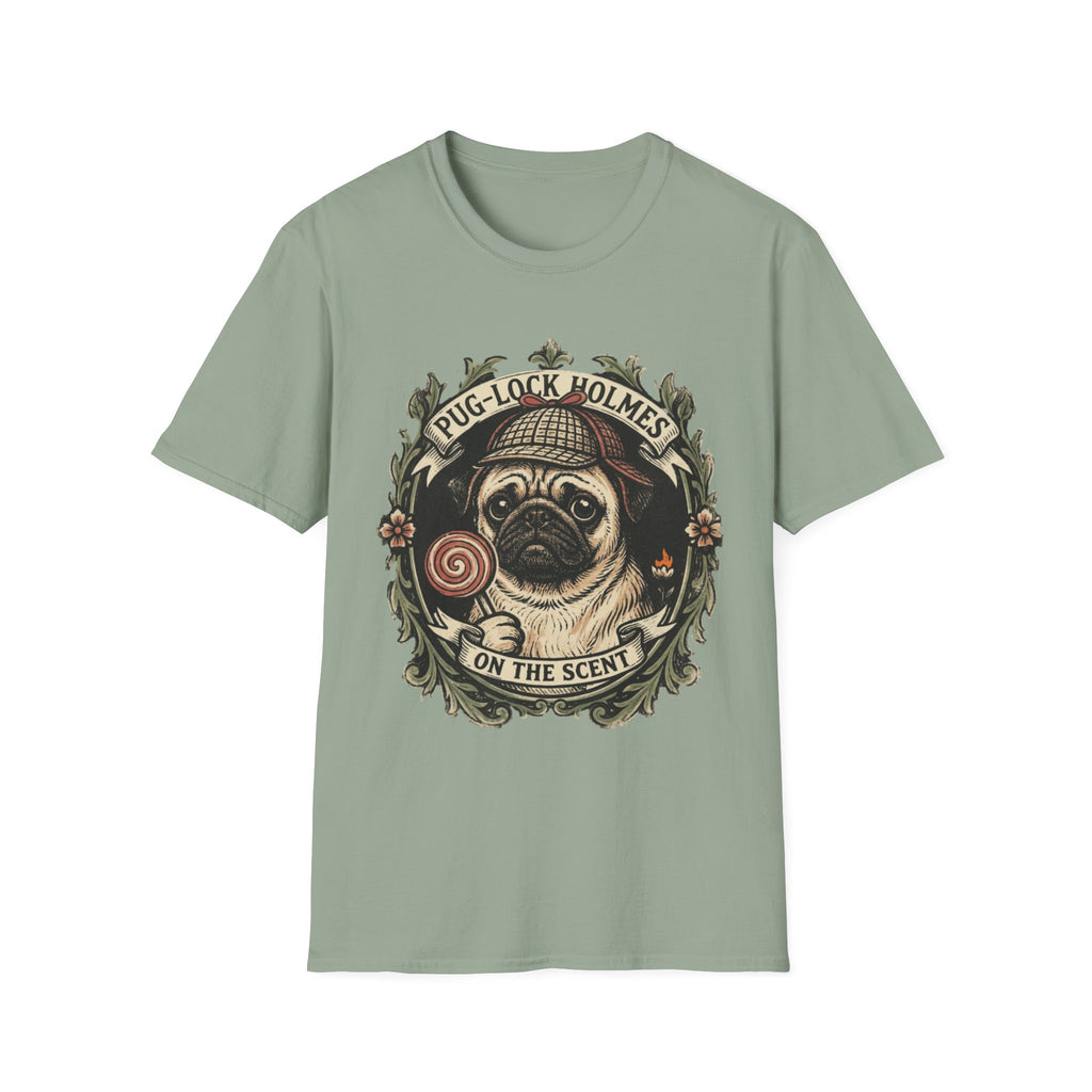 Pug-Lock Holmes Illustration T-Shirt | Pug Detective Vintage Badge