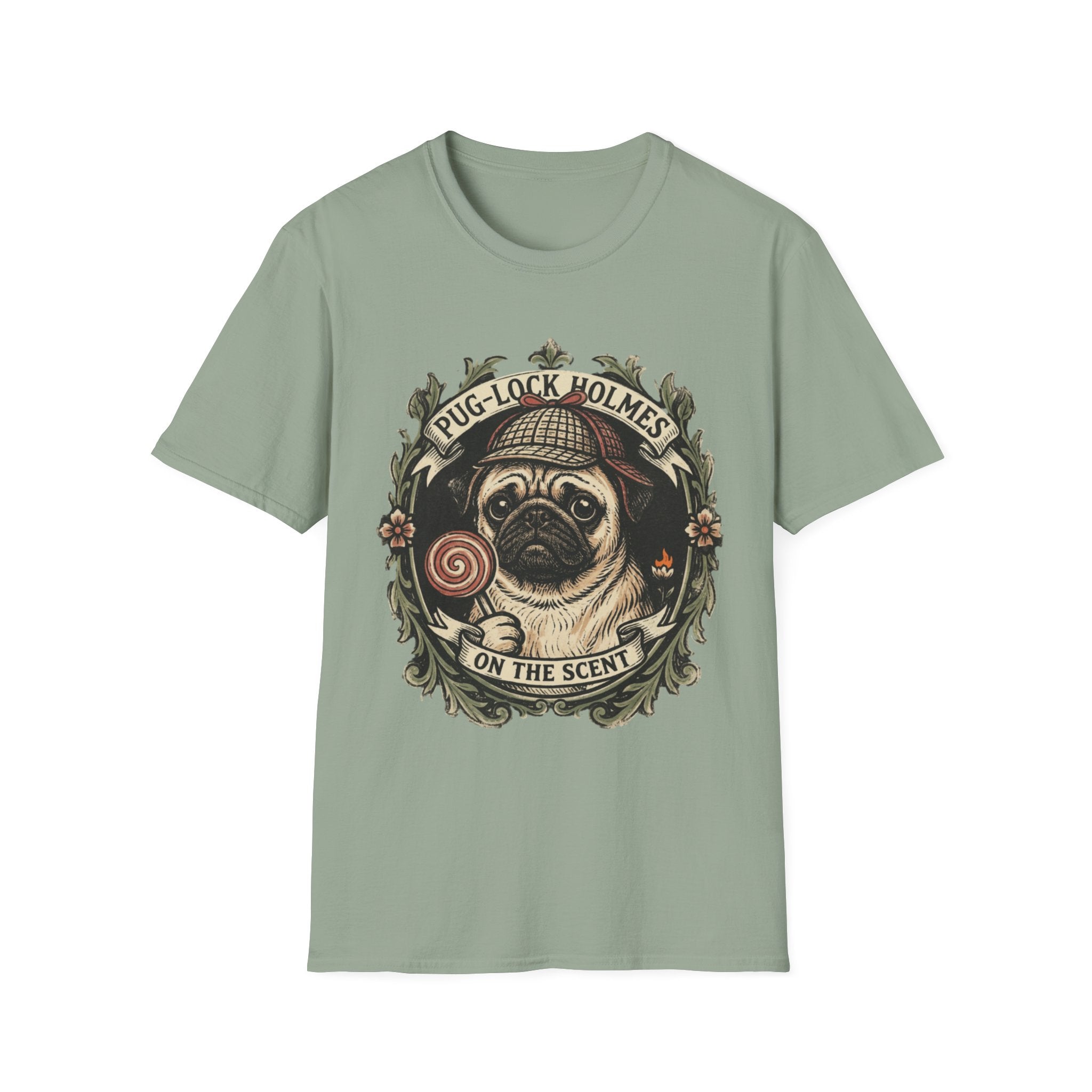 Pug-Lock Holmes Illustration T-Shirt | Pug Detective Vintage Badge