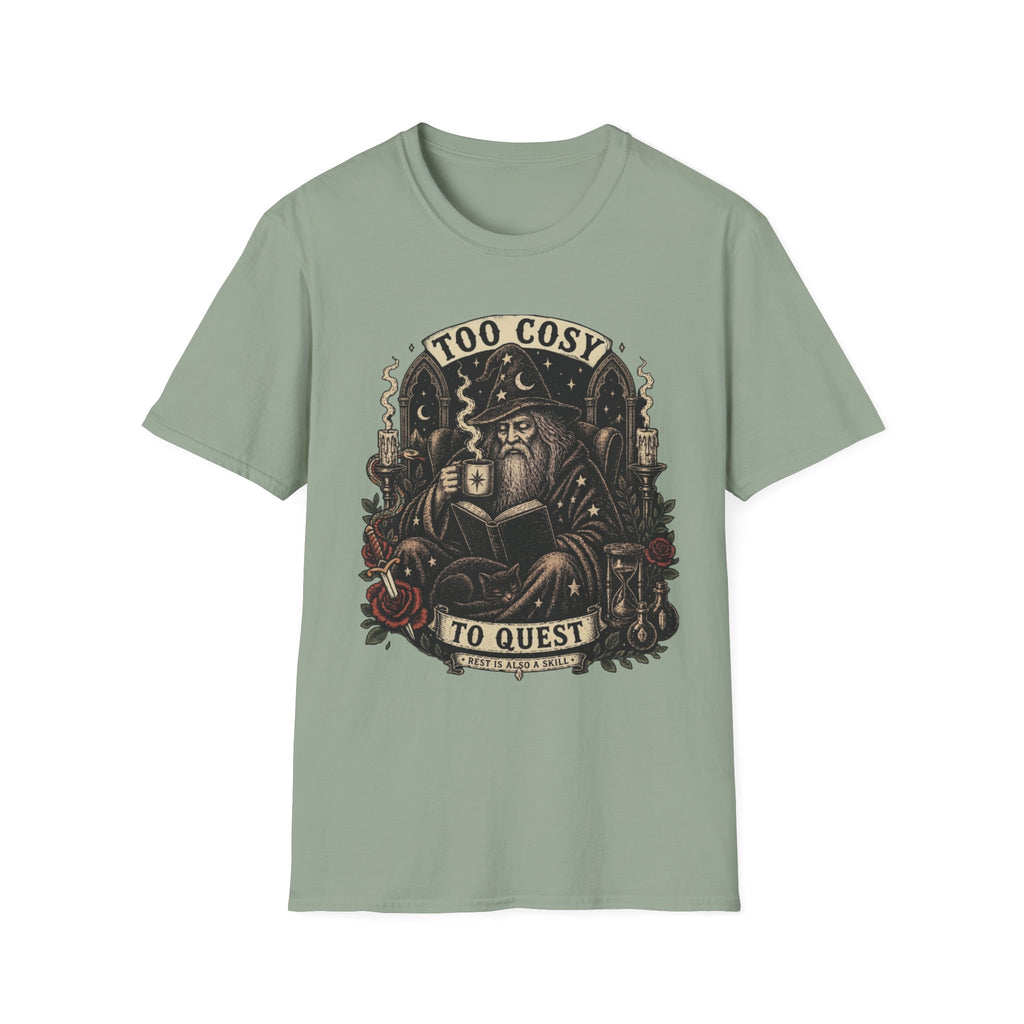 Too Cosy Wizard Illustration T-Shirt | Fantasy Mage Coffee Design