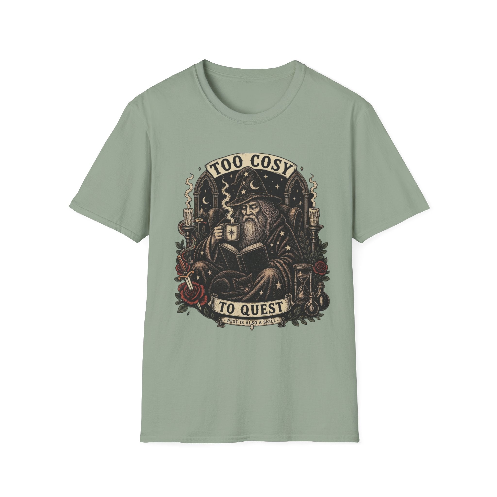 Too Cosy Wizard Illustration T-Shirt | Fantasy Mage Coffee Design
