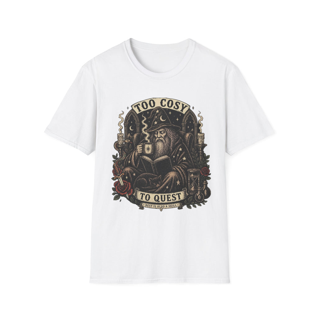 Too Cosy Wizard Illustration T-Shirt | Fantasy Mage Coffee Design