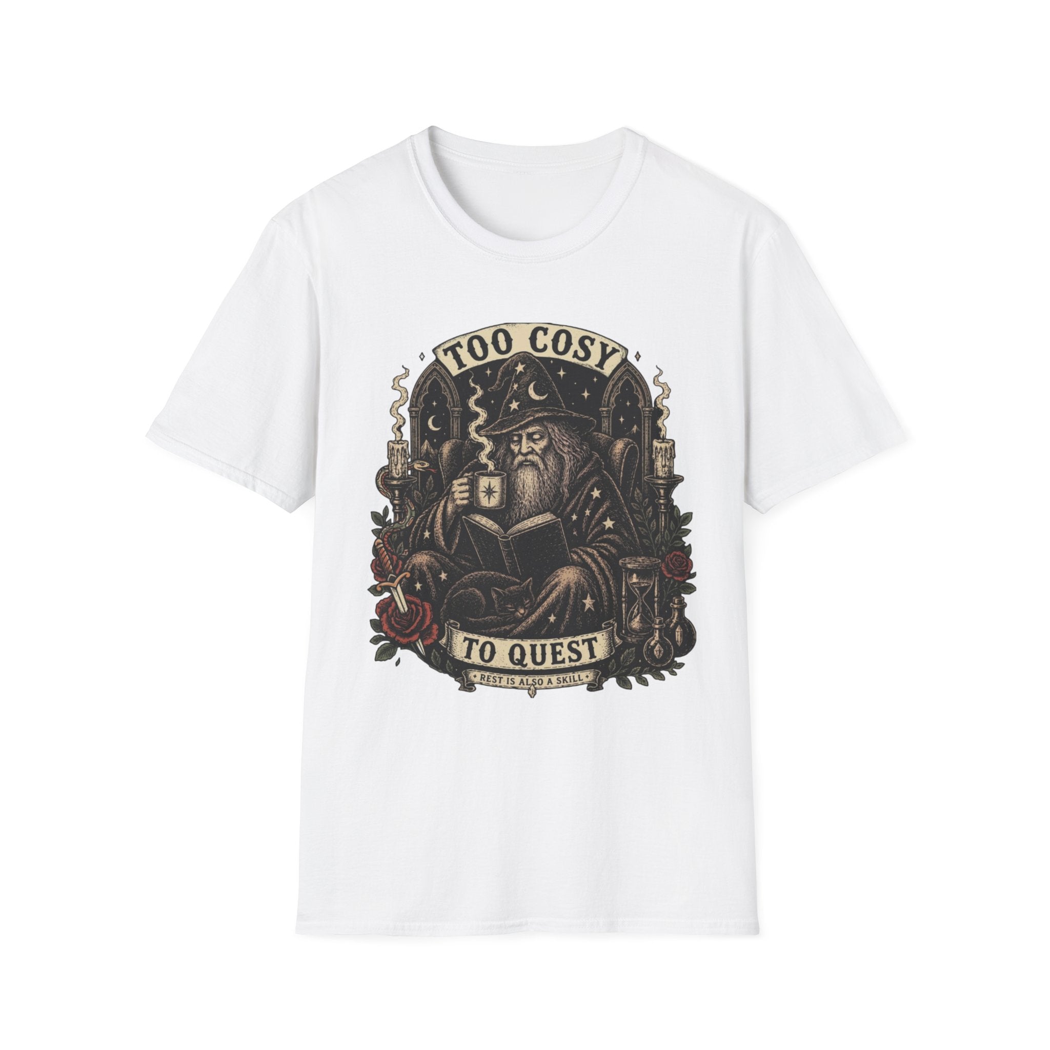 Too Cosy Wizard Illustration T-Shirt | Fantasy Mage Coffee Design