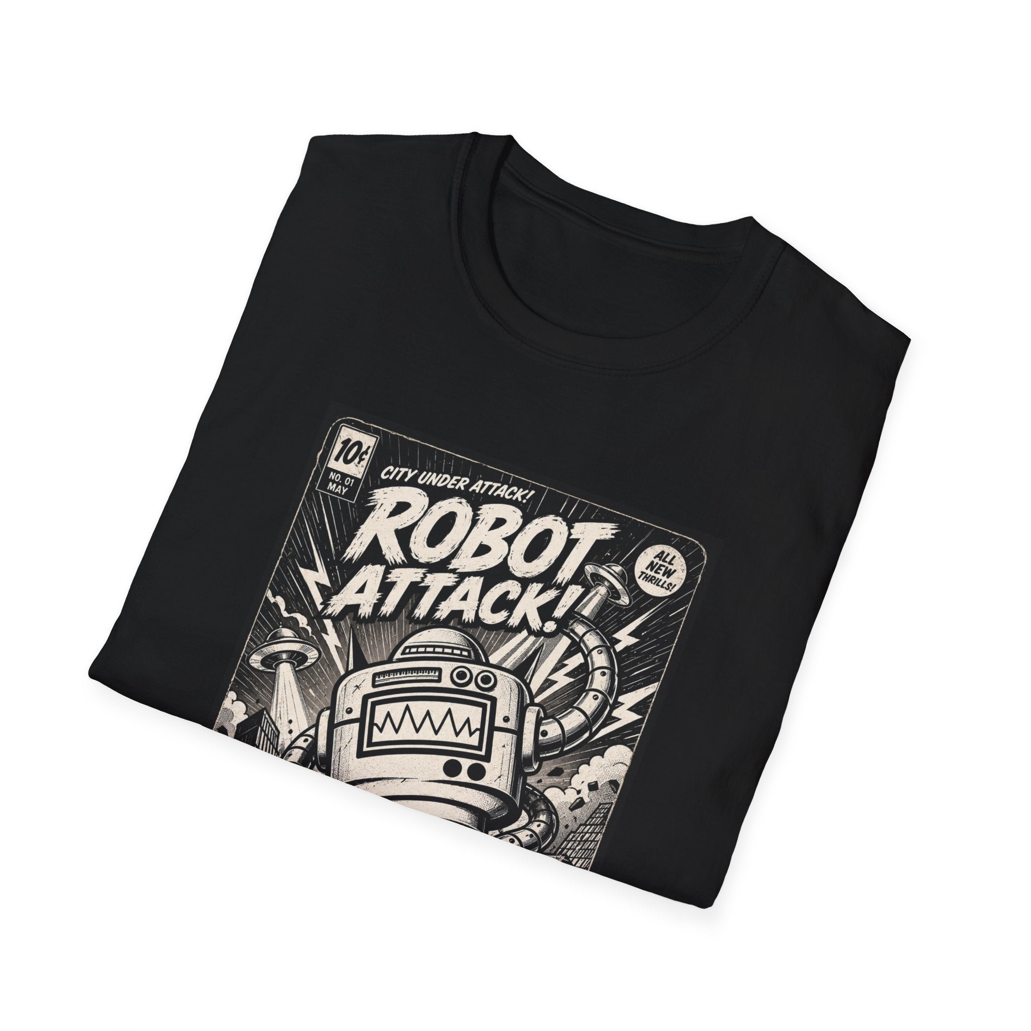 Robot Attack comic cover T-Shirt | Retro Sci-Fi Robot Tee