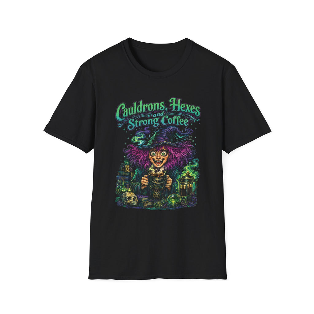 Witch Coffee T-Shirt  "Cauldrons, Hexes and Strong Coffee" Halloween Tee