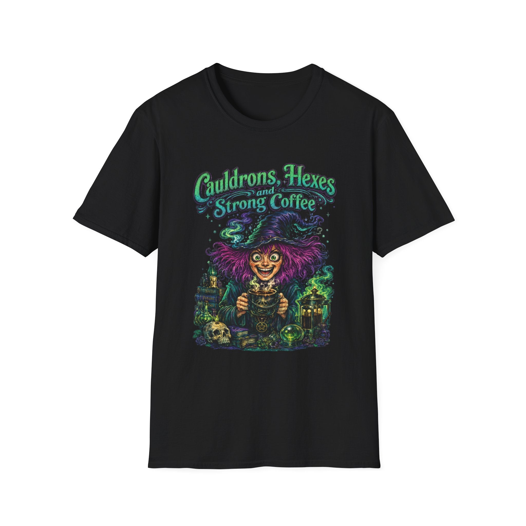 Witch Coffee T-Shirt  "Cauldrons, Hexes and Strong Coffee" Halloween Tee