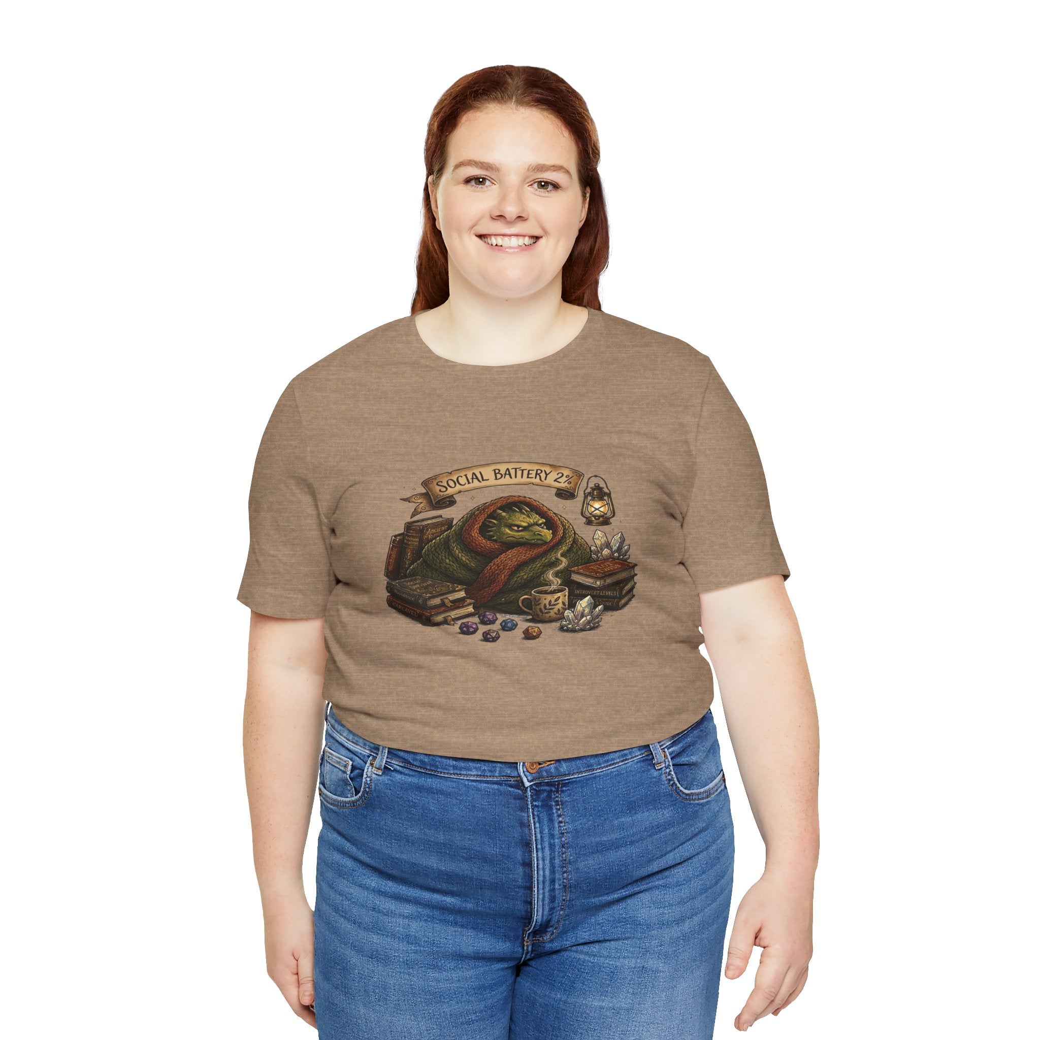 Social Battery Low dragon illustration T-Shirt | cozy book stack