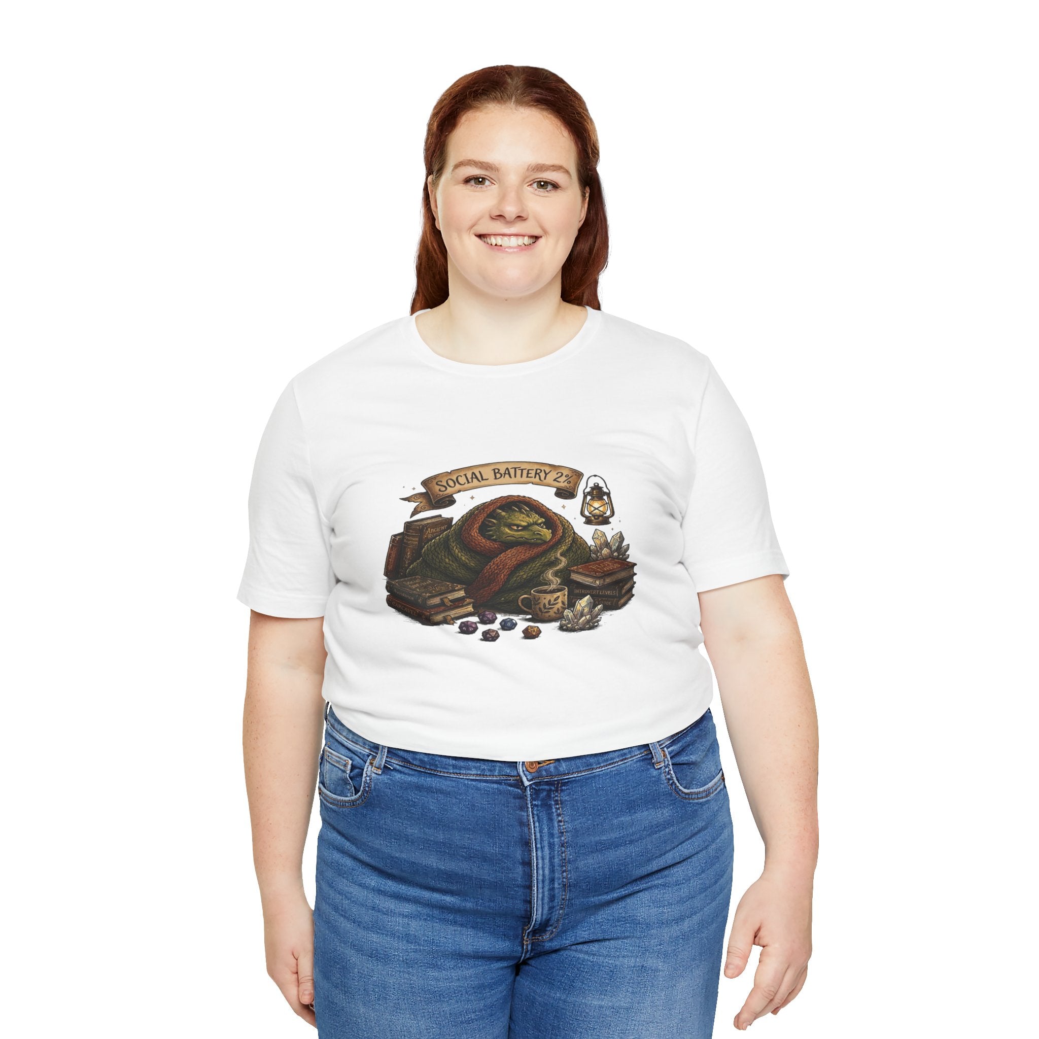 Social Battery Low dragon illustration T-Shirt | cozy book stack