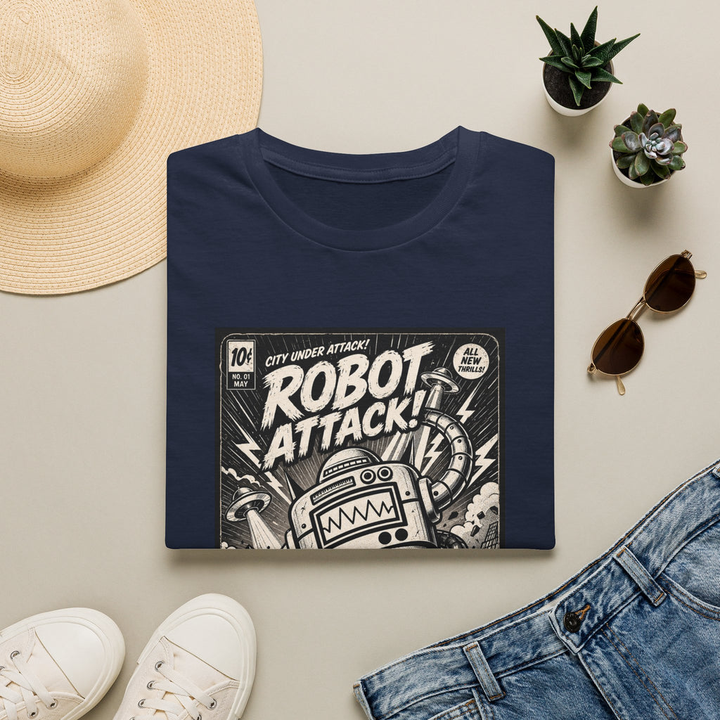 Robot Attack comic cover T-Shirt | Retro Sci-Fi Robot Tee