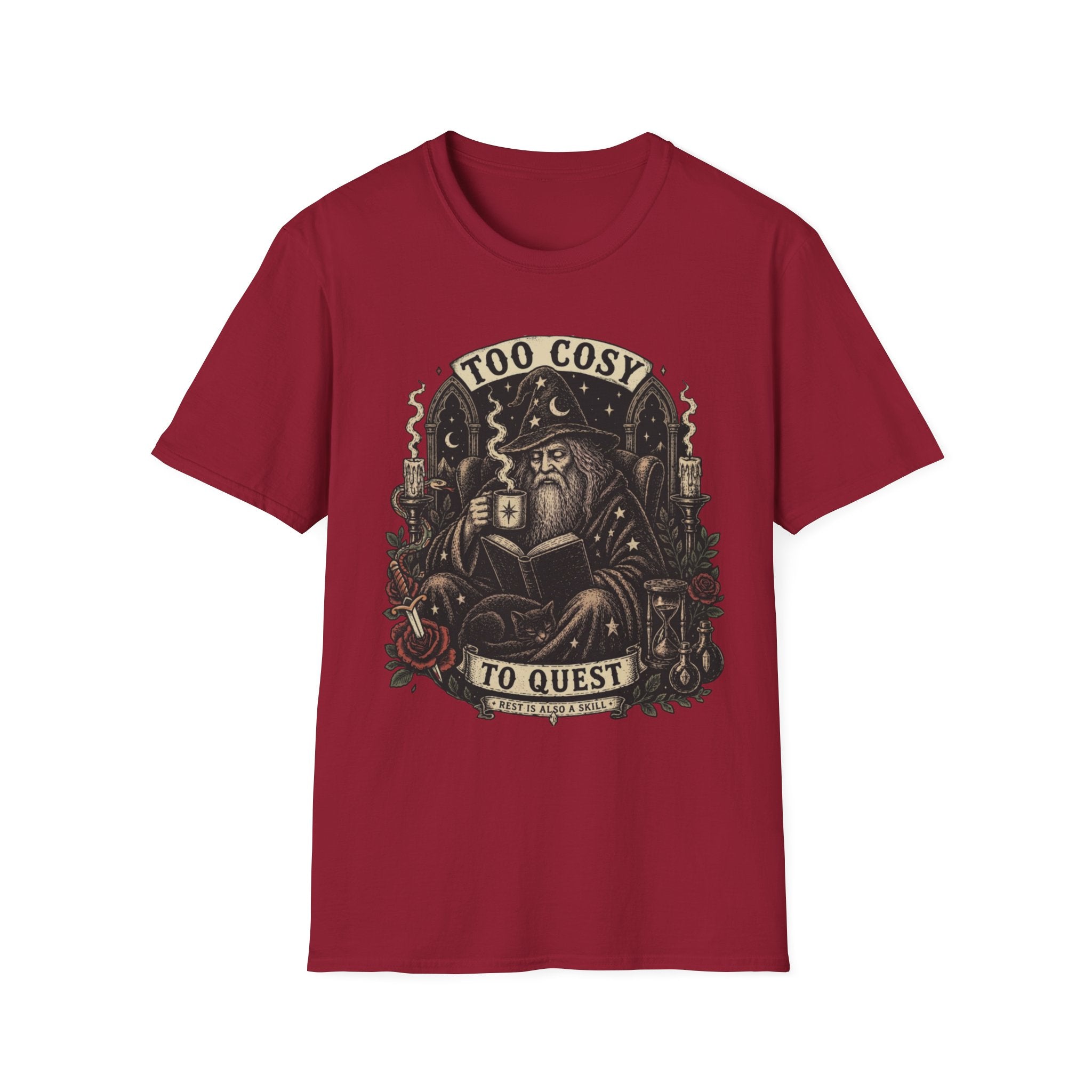 Too Cosy Wizard Illustration T-Shirt | Fantasy Mage Coffee Design
