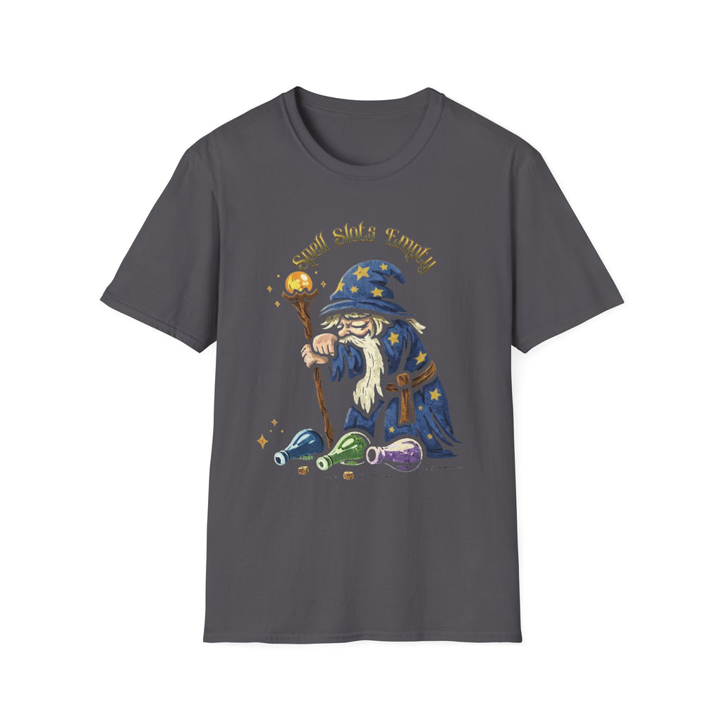 Sad Wizard Illustration T-Shirt | Cute Wizard With Staff, Stars & Potions