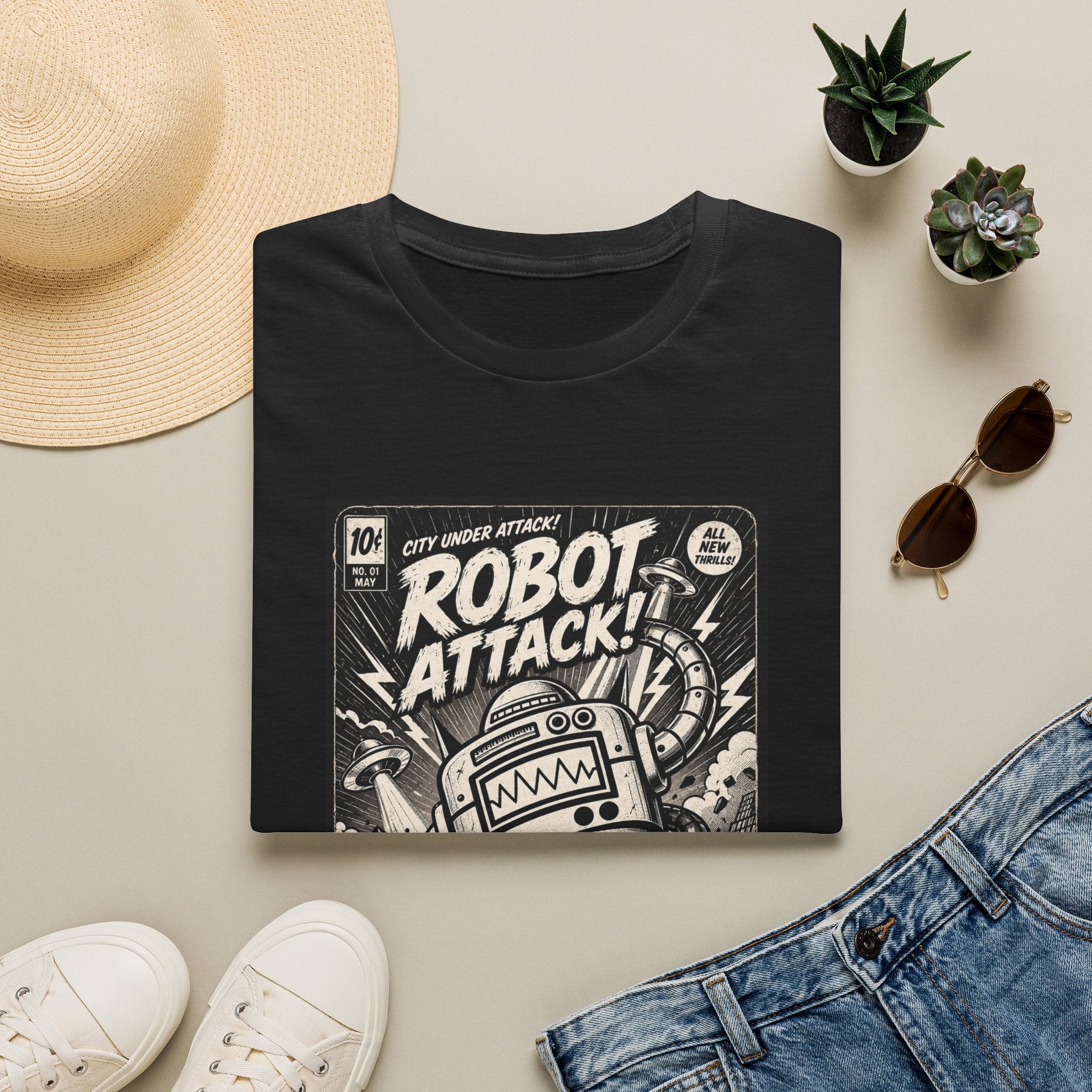 Robot Attack comic cover T-Shirt | Retro Sci-Fi Robot Tee