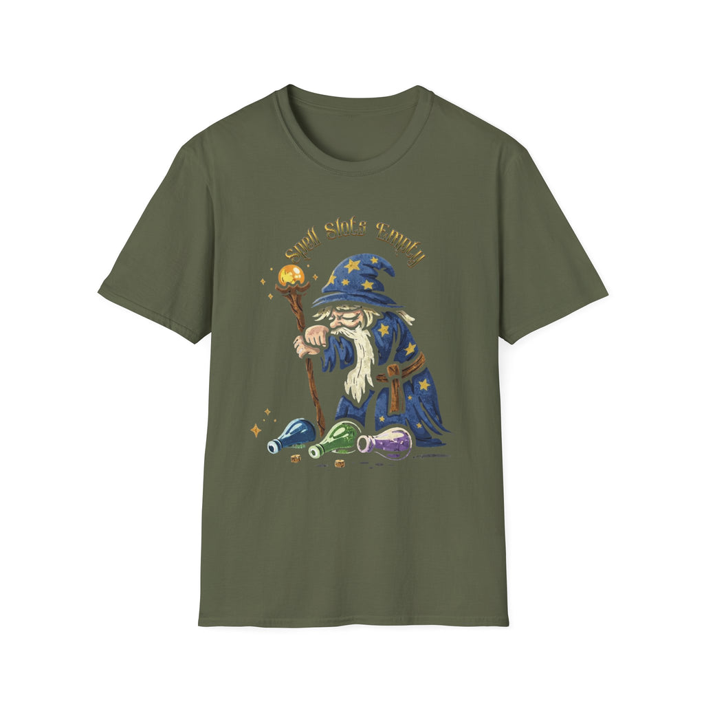 Sad Wizard Illustration T-Shirt | Cute Wizard With Staff, Stars & Potions