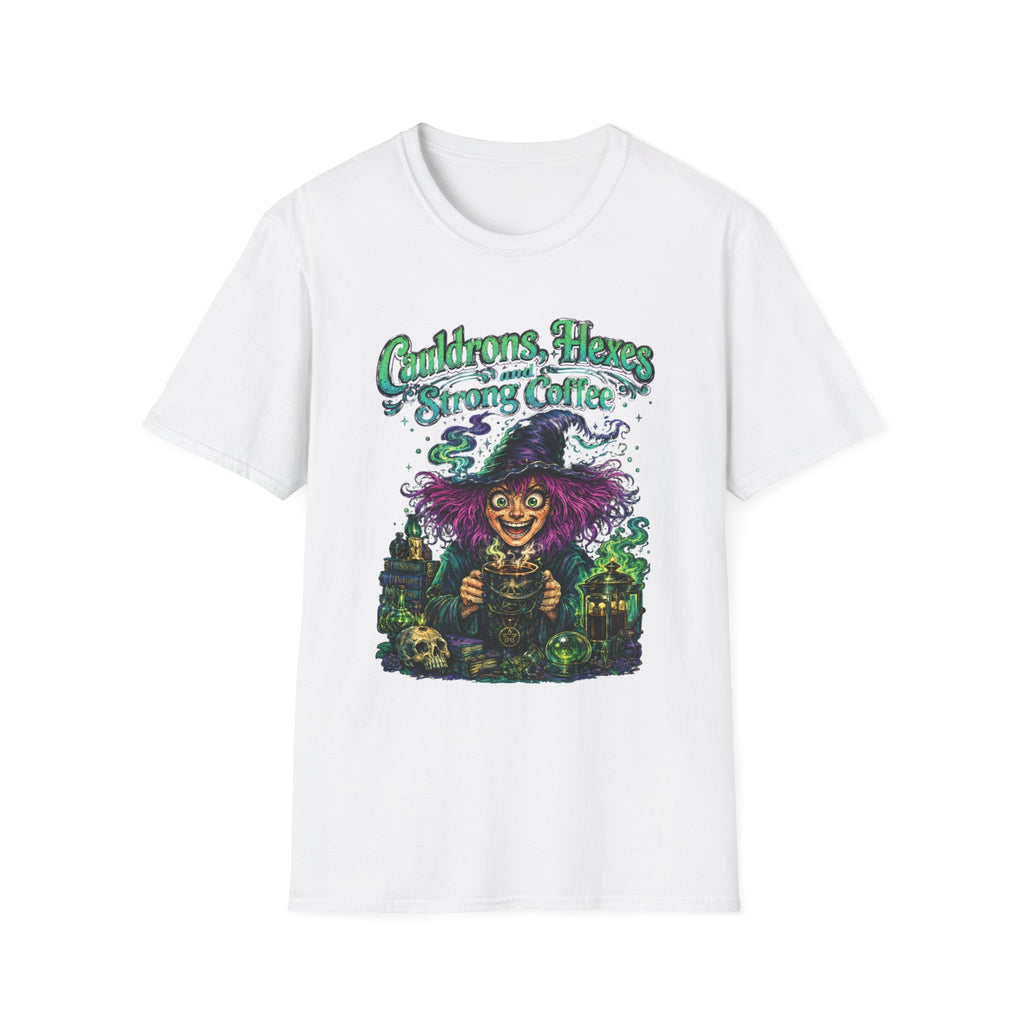 Witch Coffee T-Shirt  "Cauldrons, Hexes and Strong Coffee" Halloween Tee