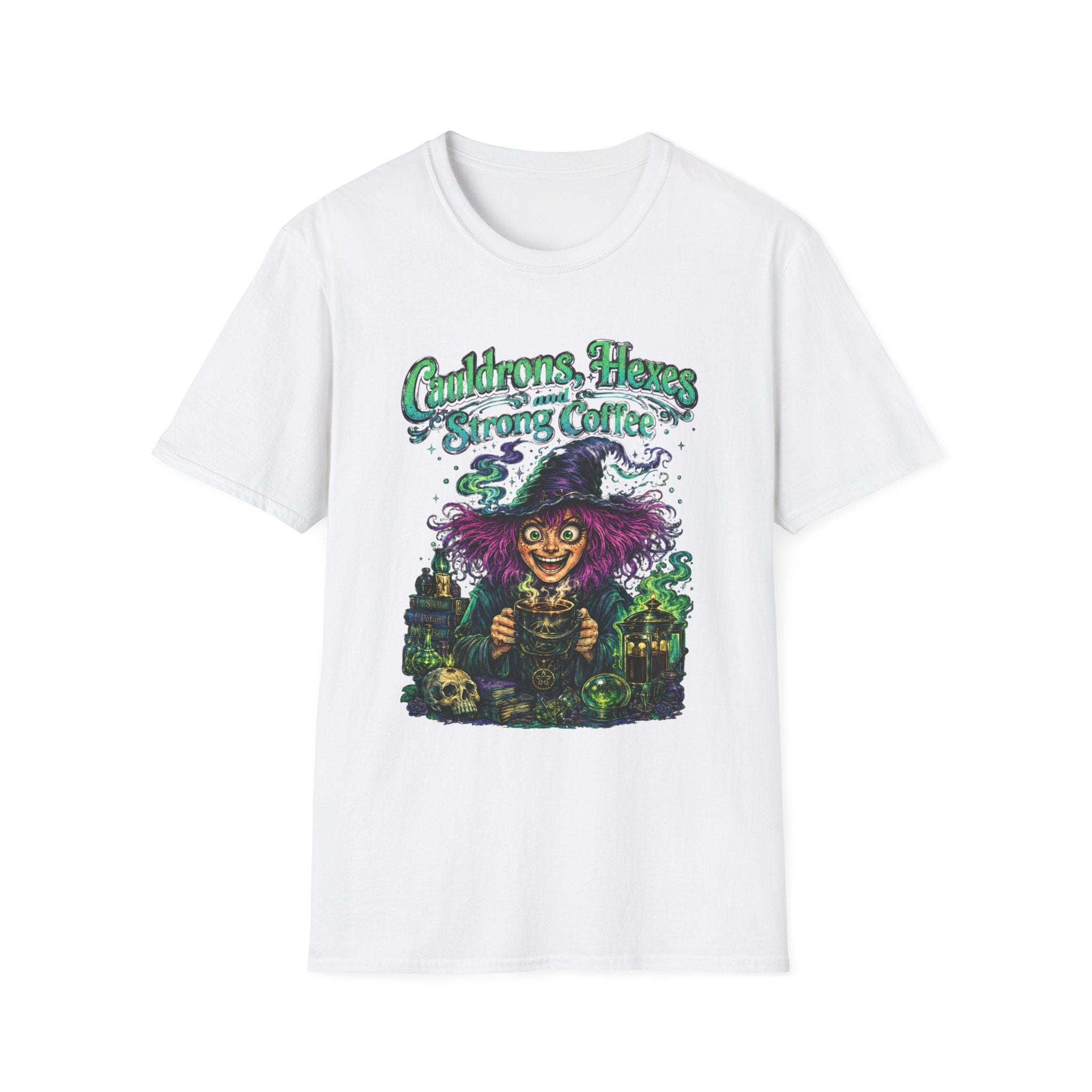 Witch Coffee T-Shirt  "Cauldrons, Hexes and Strong Coffee" Halloween Tee