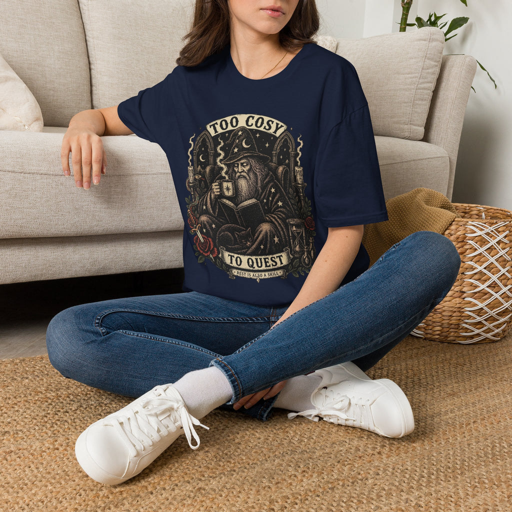 Too Cosy Wizard Illustration T-Shirt | Fantasy Mage Coffee Design