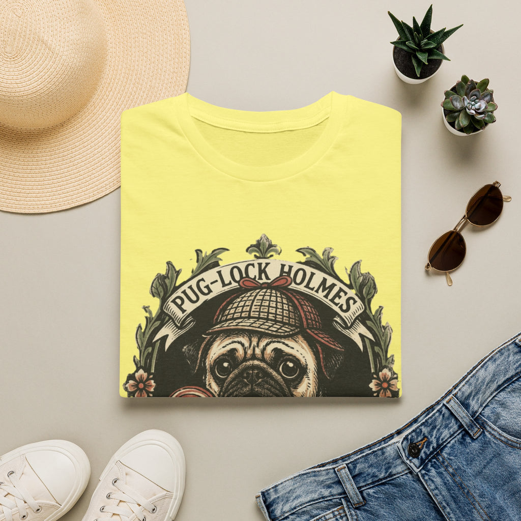 Pug-Lock Holmes Illustration T-Shirt | Pug Detective Vintage Badge