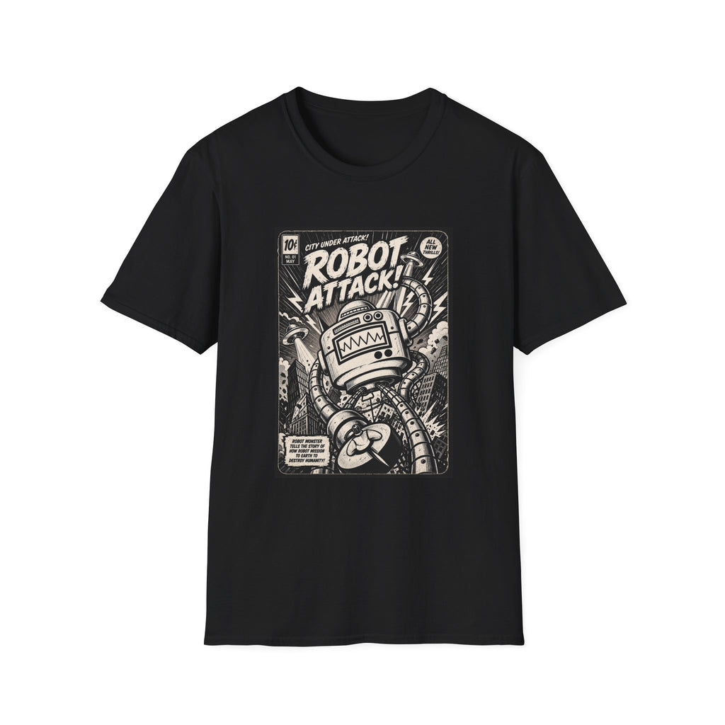 Robot Attack comic cover T-Shirt | Retro Sci-Fi Robot Tee